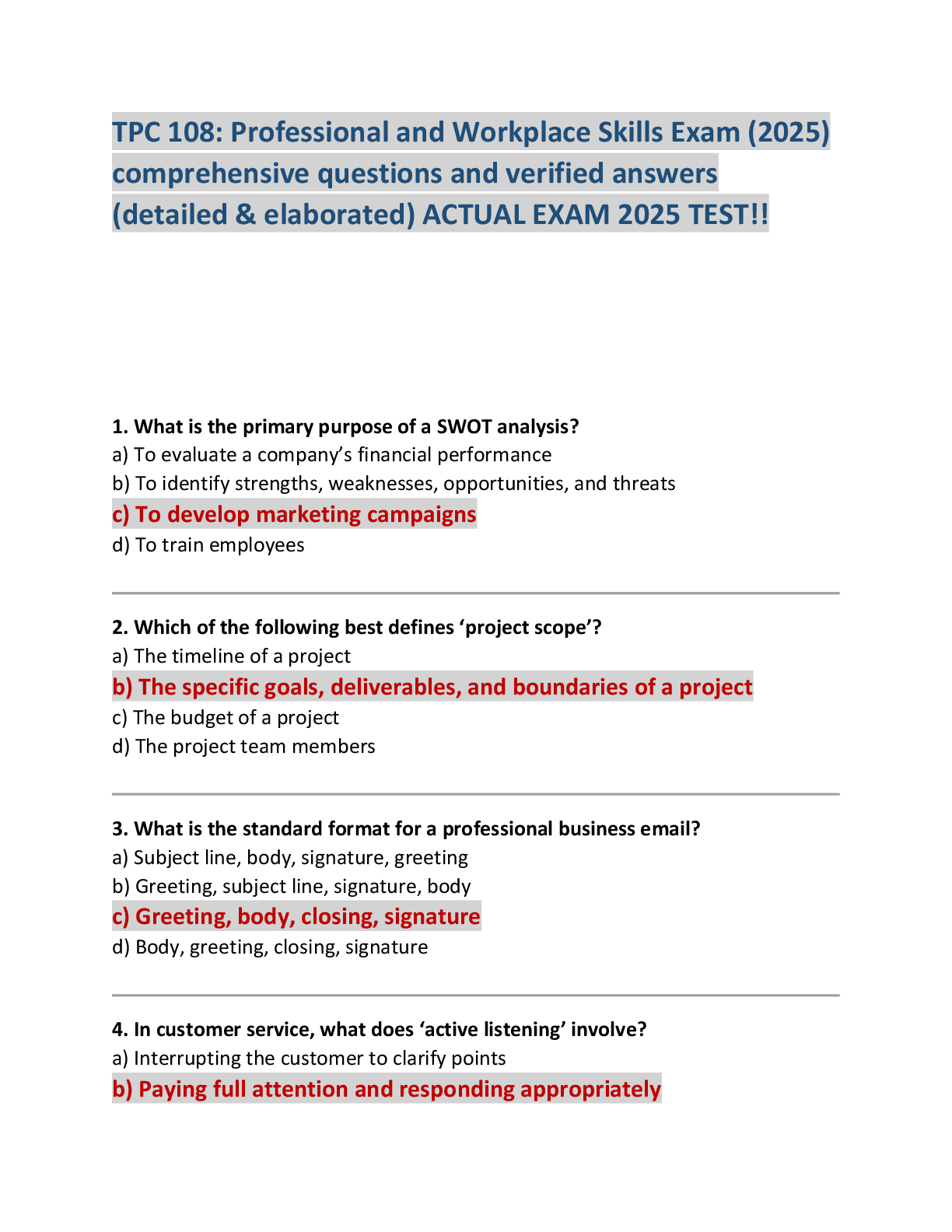 Preview of TPC 108: Professional and Workplace Skills Exam (2025)  comprehensive questions and verifi