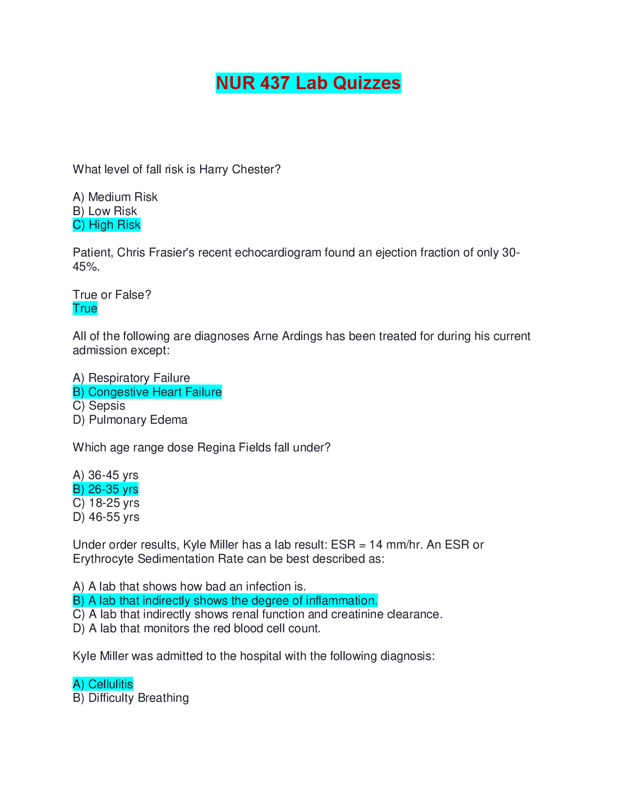 Preview of NUR 437 Lab Quizzes | Verified Answers, Complete Solutions