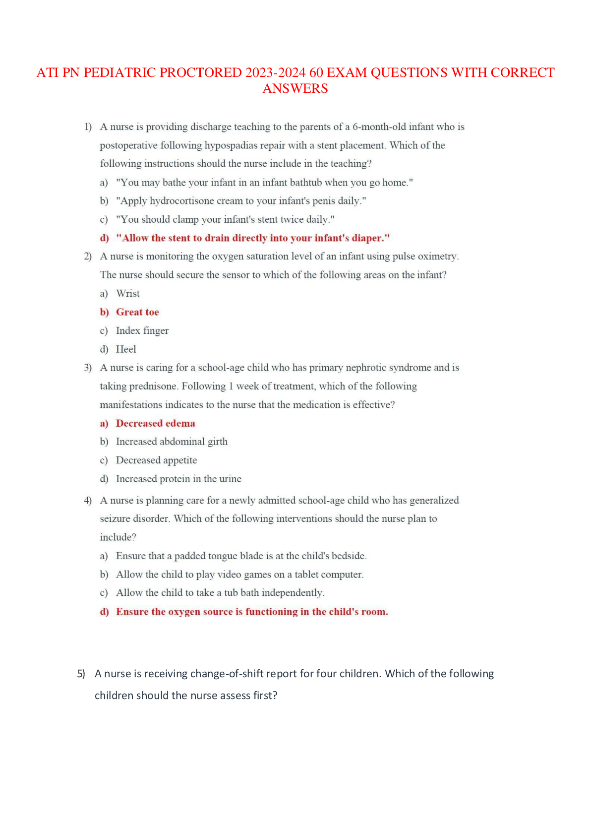 Preview image for ATI PN PEDIATRIC PROCTORED 2023-2024 60 EXAM QUESTIONS WITH CORRECT ANSWERS