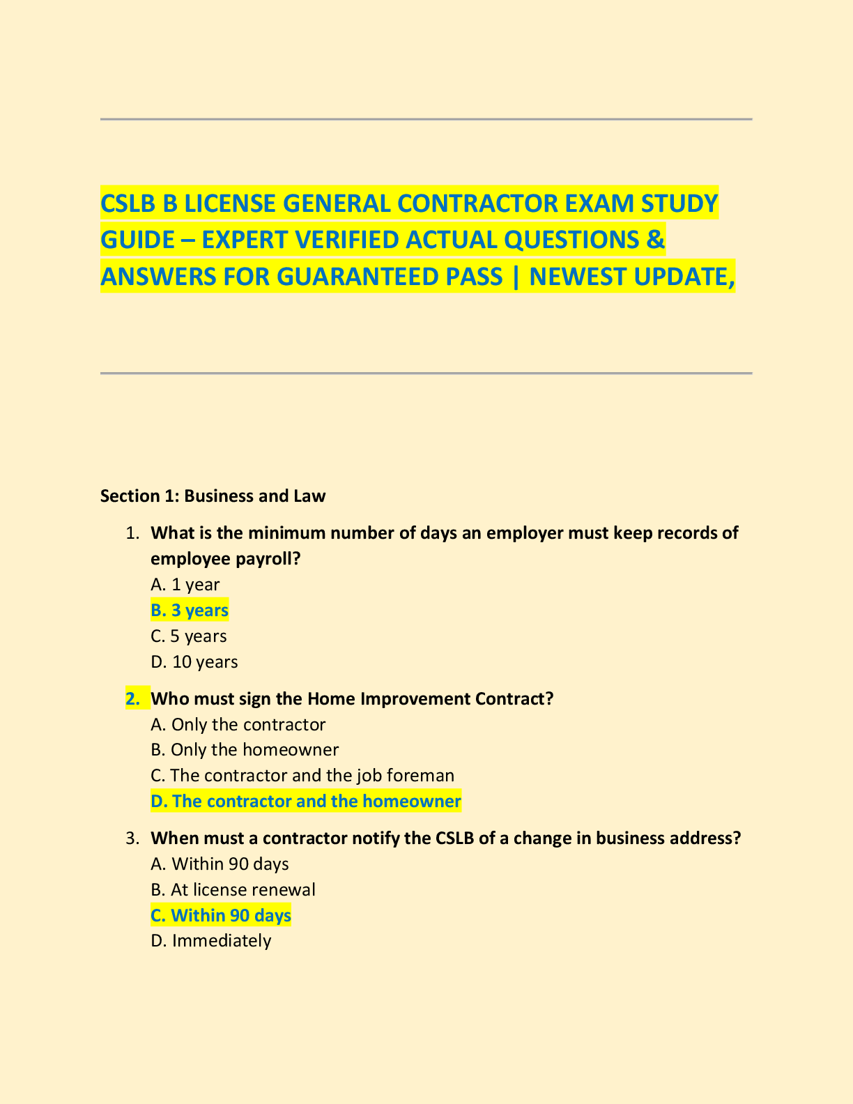 CSLB B LICENSE GENERAL CONTRACTOR EXAM STUDY  GUIDE – EXPERT VERIFIED ACTUAL QUESTIONS &  ANSWERS FOR GUARANTEED PASS | NEWEST UPDATE,