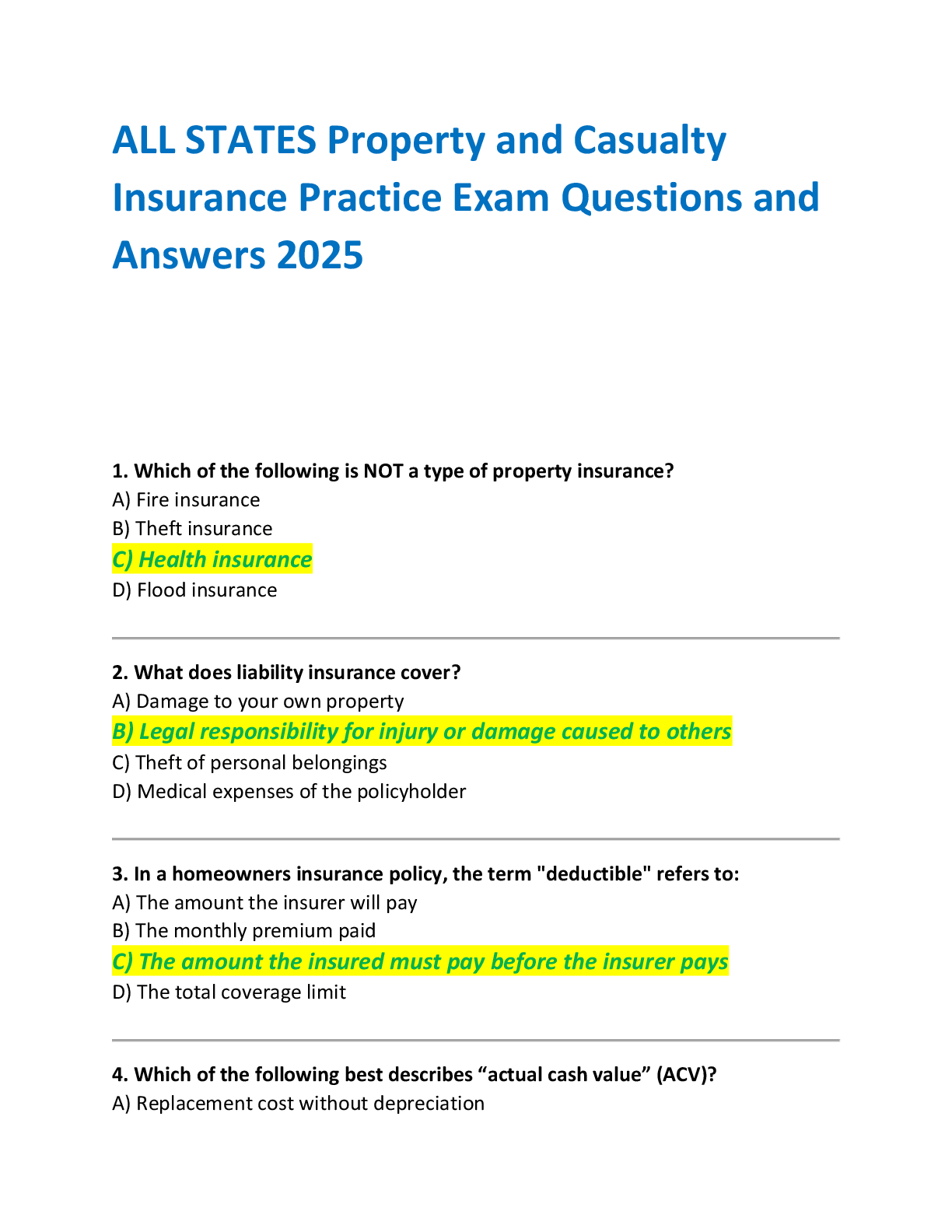 Preview of ALL STATES Property and Casualty  Insurance Practice Exam Questions and  Answers 2025