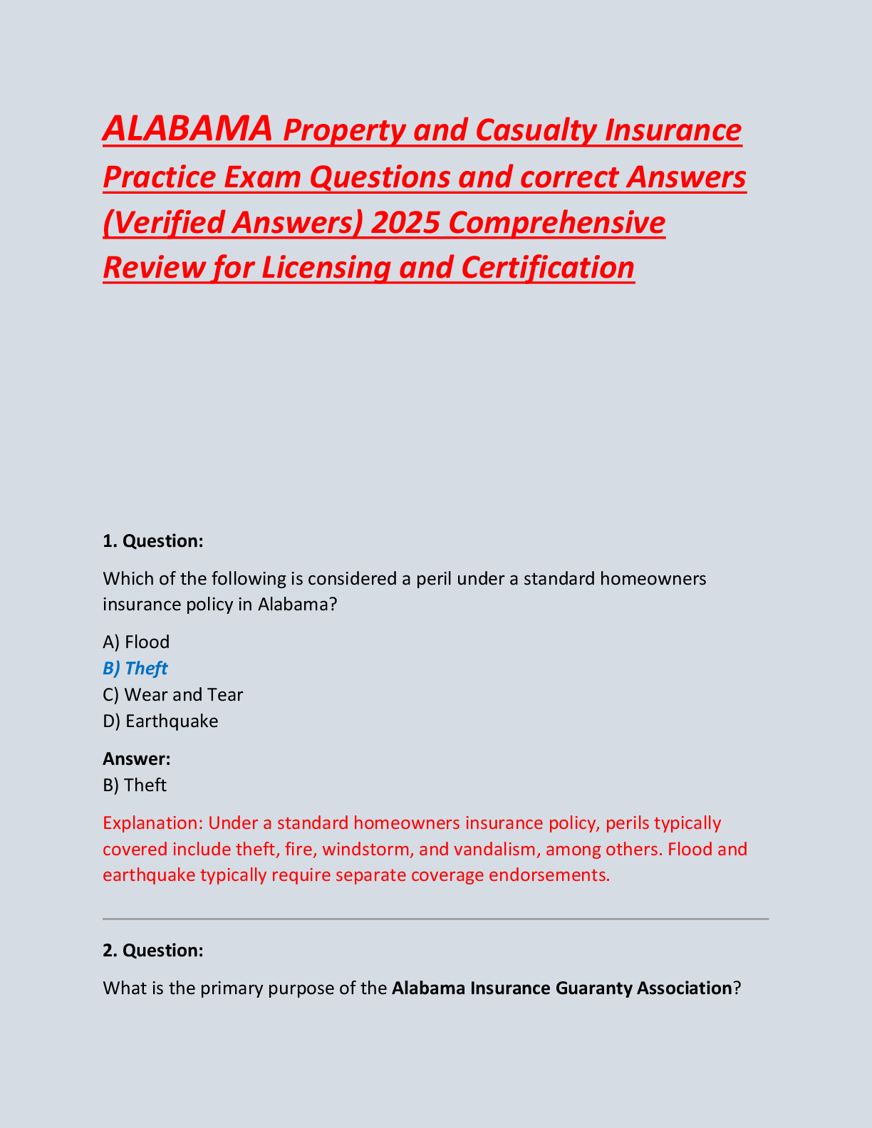 Preview of ALABAMA Property and Casualty Insurance  Practice Exam Questions and correct Answers  (Verified Answers) 2025 Comprehensive  Review for Licensing and Certification