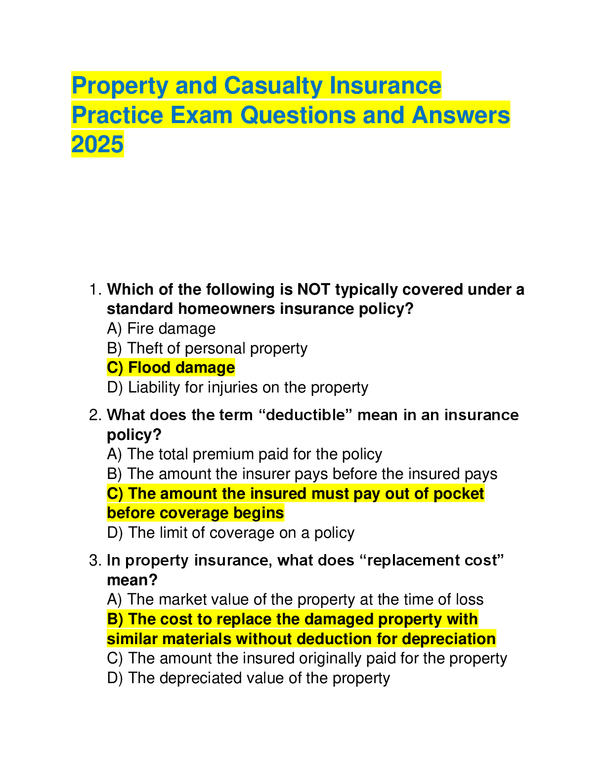 Preview of Property and Casualty Insurance  Practice Exam 2 Questions and Answers 2025