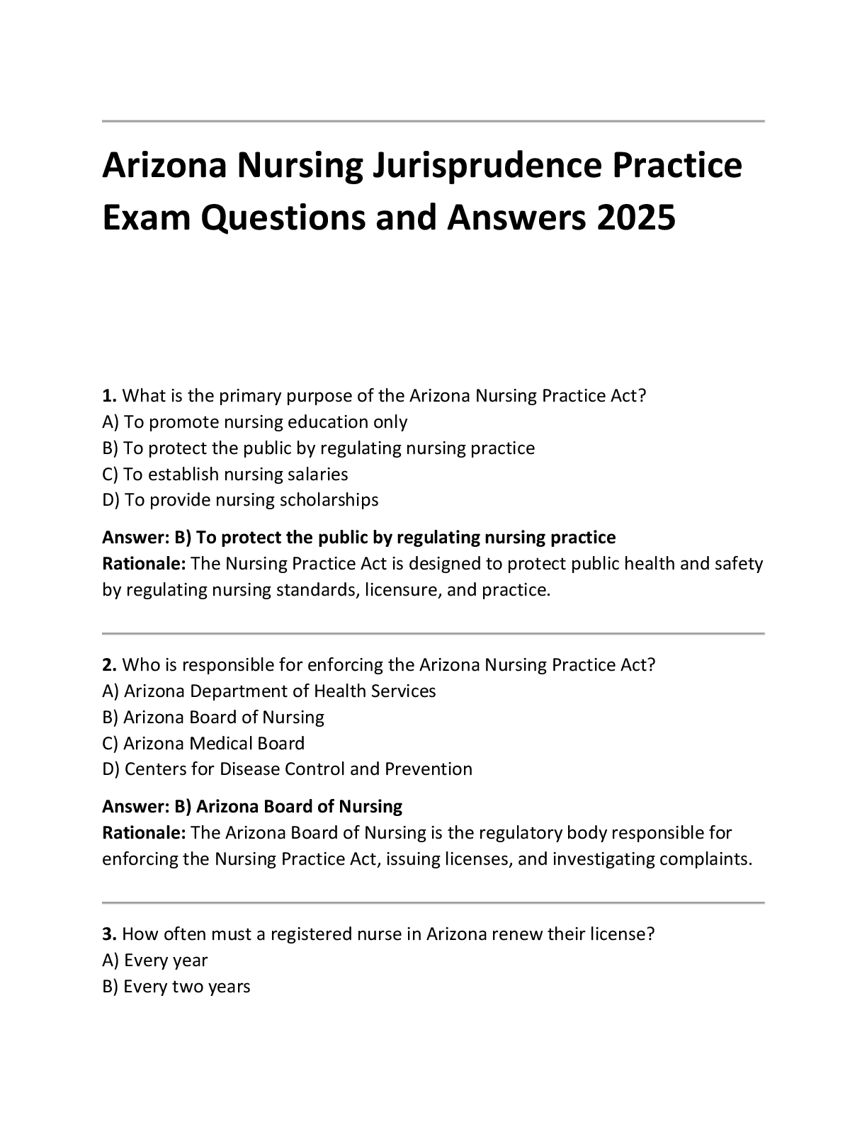 Preview of Arizona Nursing Jurisprudence Practice  Exam Questions and Answers 2025