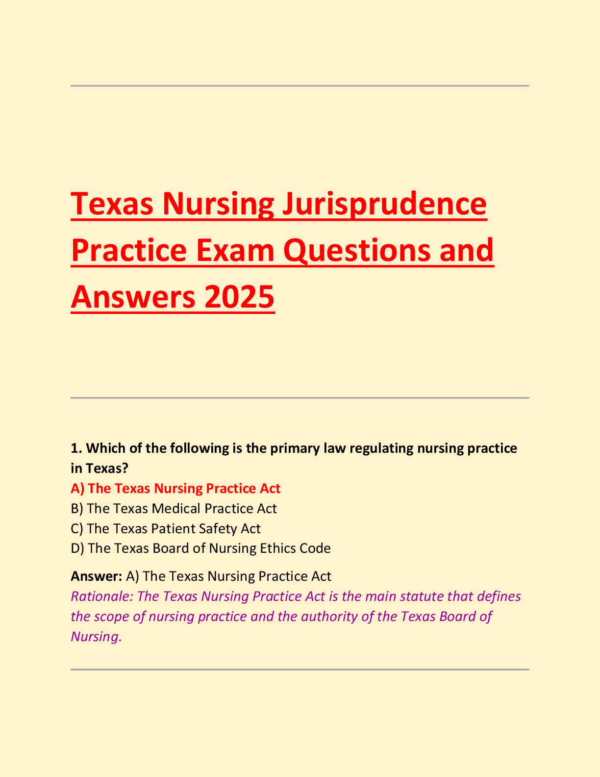 Preview of Texas Nursing Jurisprudence  Practice Exam Questions and  Answers 2025