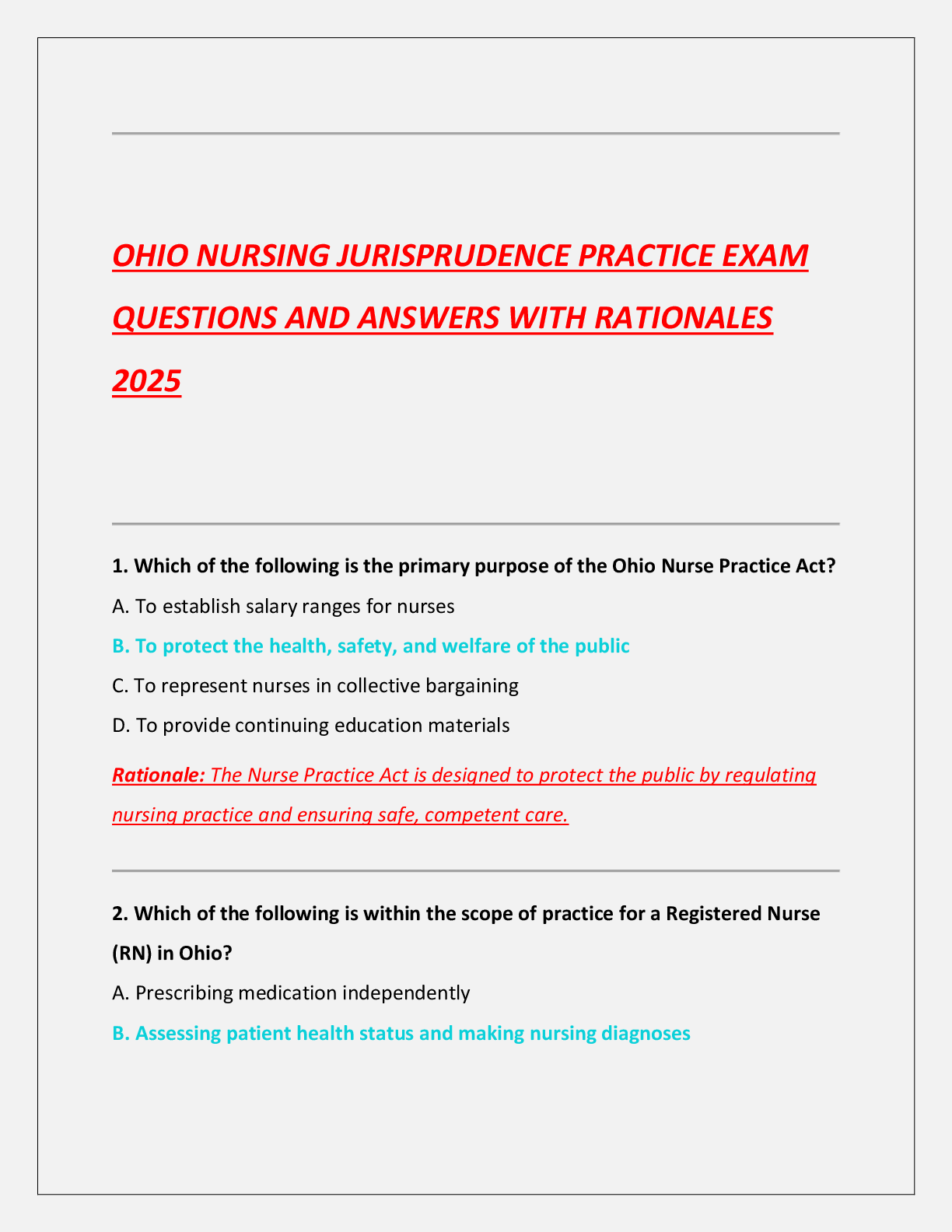 Preview of OHIO NURSING JURISPRUDENCE PRACTICE EXAM QUESTIONS AND ANSWERS WITH RATIONALES  2025