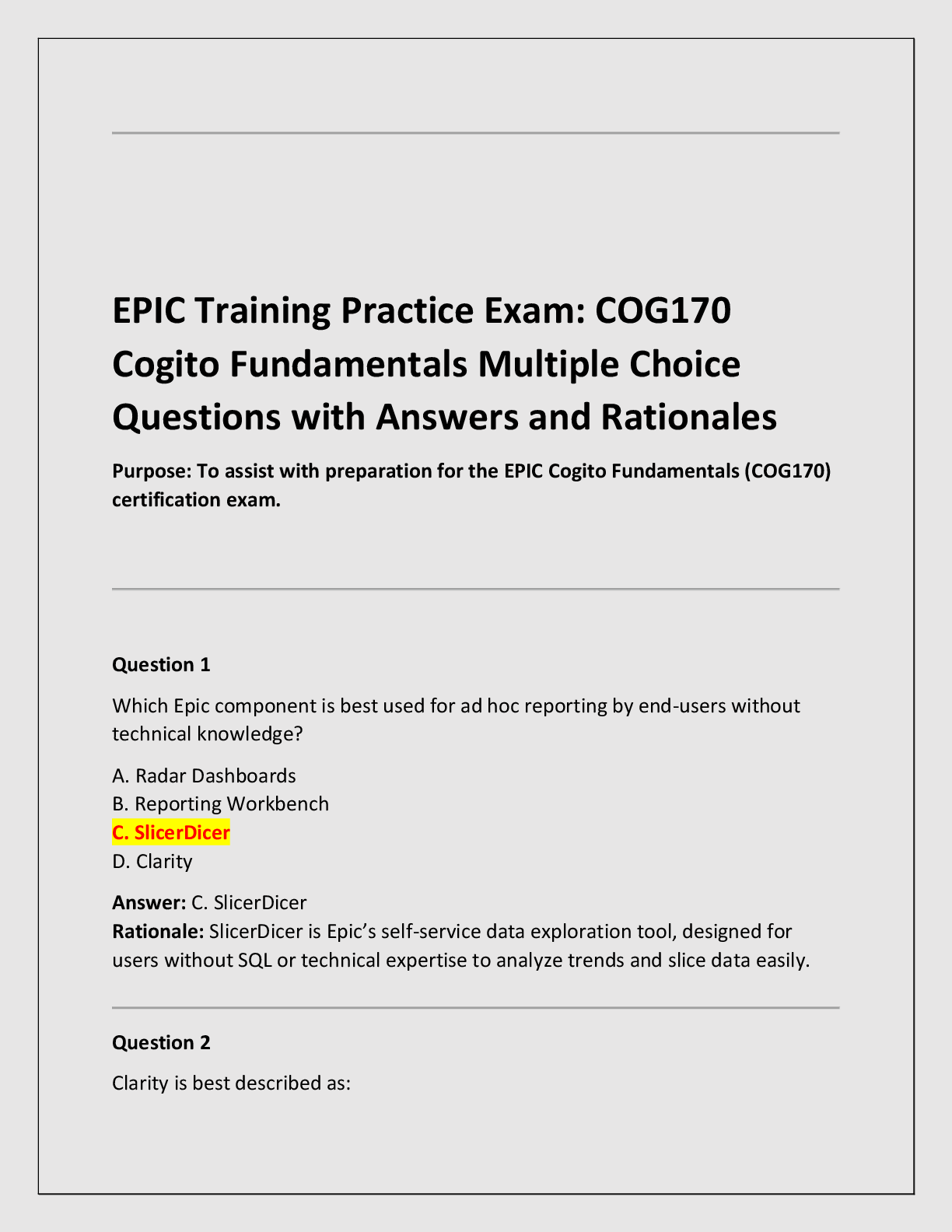 Preview of EPIC Training Practice Exam: COG170 Cogito Fundamentals Multiple Choice  Questions with An