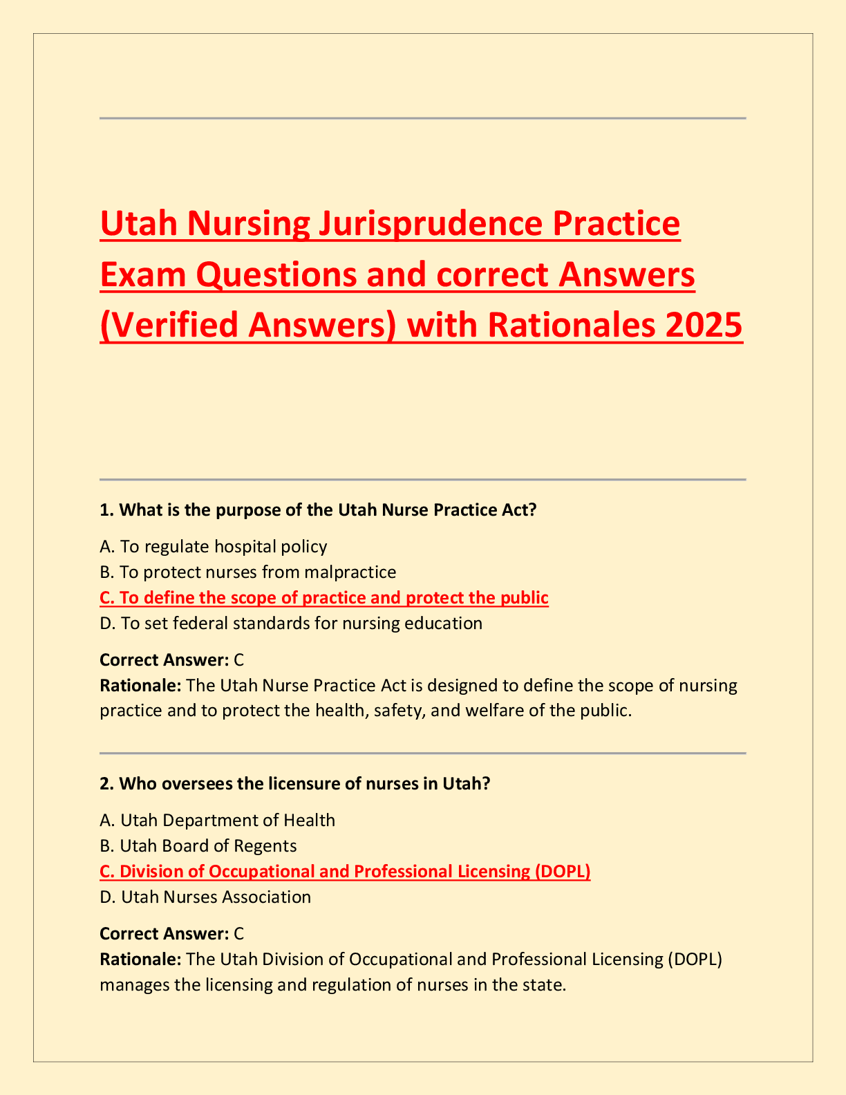 Preview of Utah Nursing Jurisprudence Practice  Exam Questions and correct Answers  (Verified Answers) with Rationales 2025