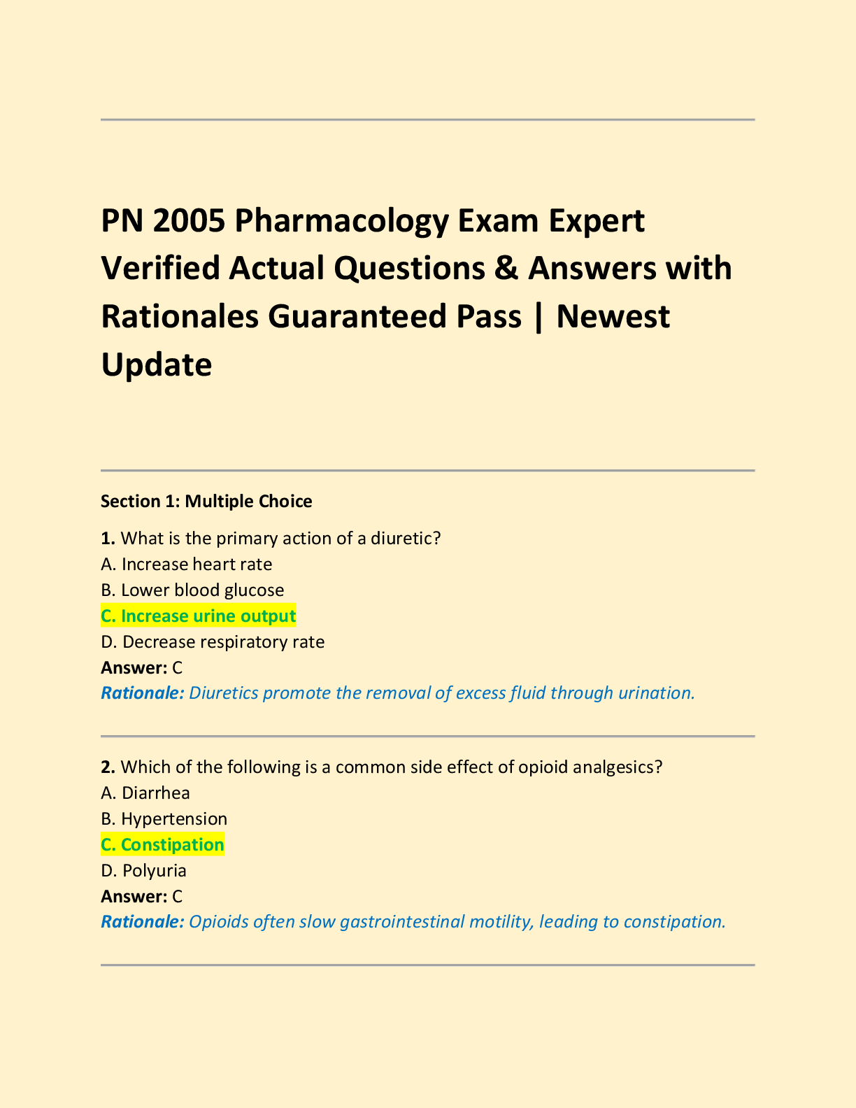 PN 2005 Pharmacology Exam Expert  Verified Actual Questions & Answers with  Rationales Guaranteed Pass | Newest Update