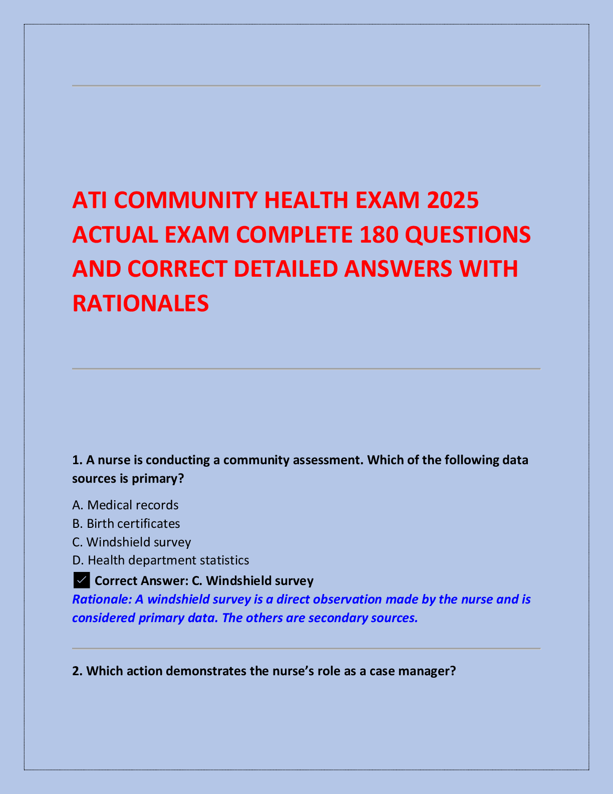 Preview of ATI COMMUNITY HEALTH EXAM 2025  ACTUAL EXAM COMPLETE 180 QUESTIONS  AND CORRECT DETAILED A