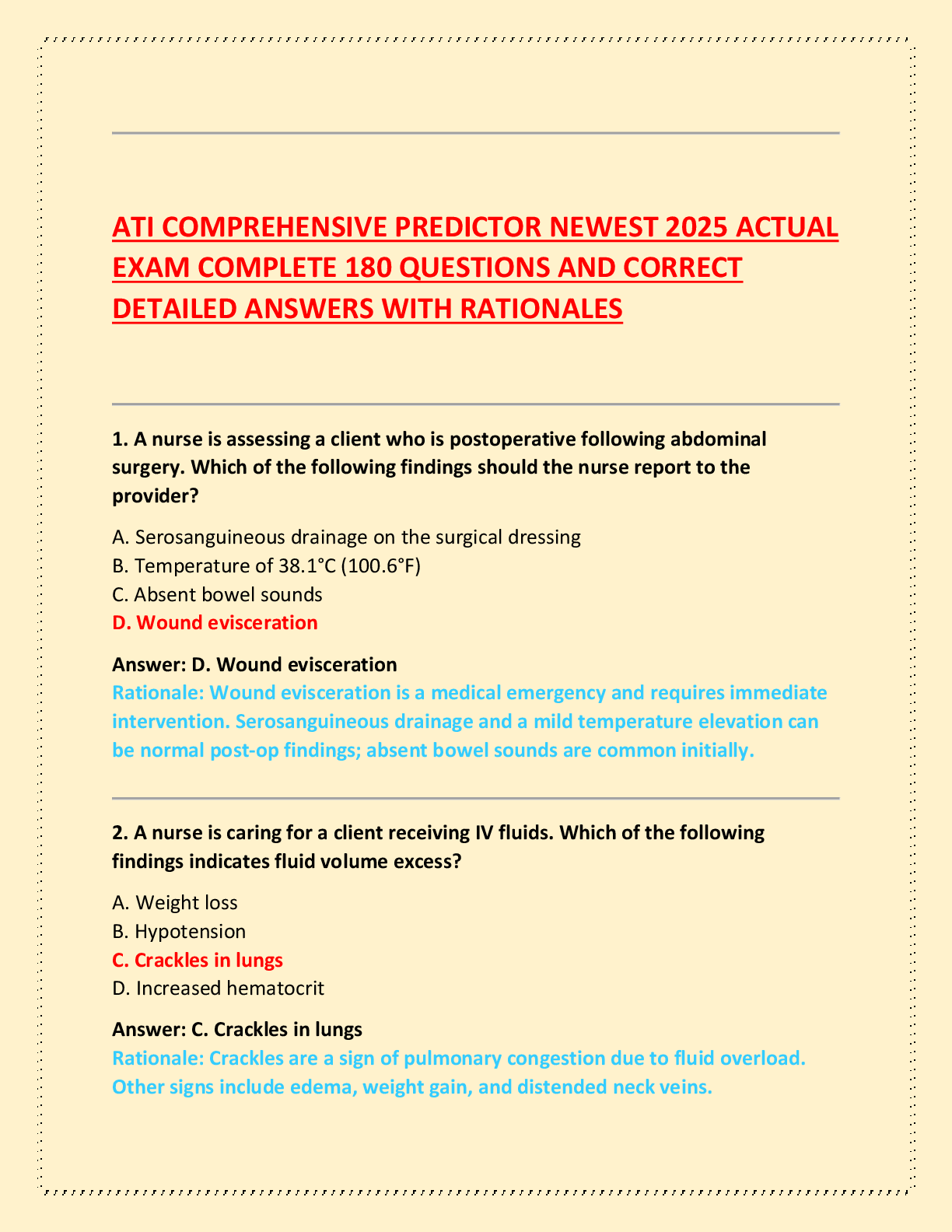 ATI COMPREHENSIVE PREDICTOR NEWEST 2025 ACTUAL  EXAM COMPLETE 180 QUESTIONS AND CORRECT  DETAILED ANSWERS WITH RATIONALES