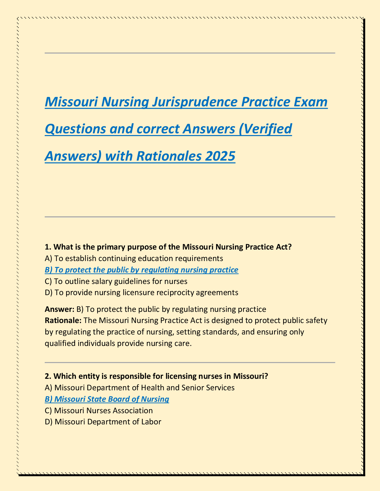 Missouri Nursing Jurisprudence Practice Exam Questions and correct Answers (Verified  Answers) with Rationales 2025