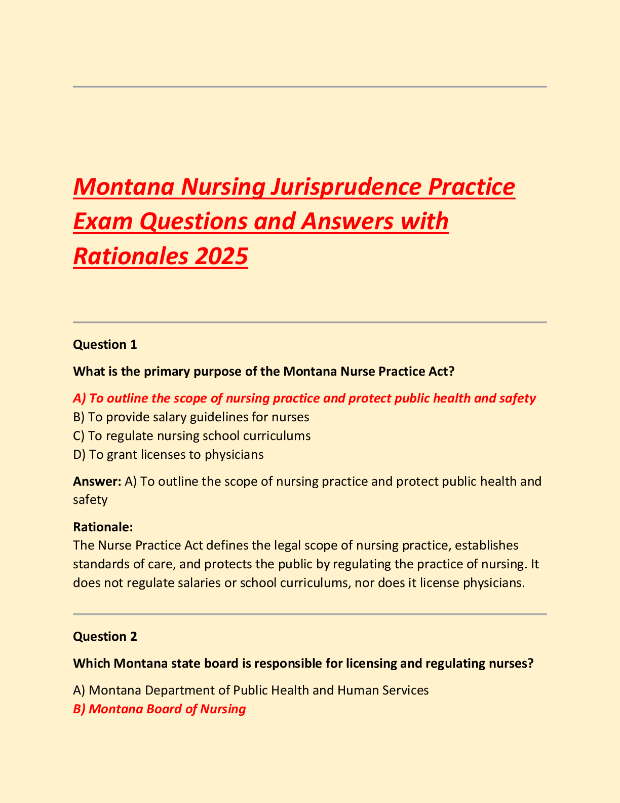 Preview of Montana Nursing Jurisprudence Practice  Exam Questions and Answers with  Rationales 2025