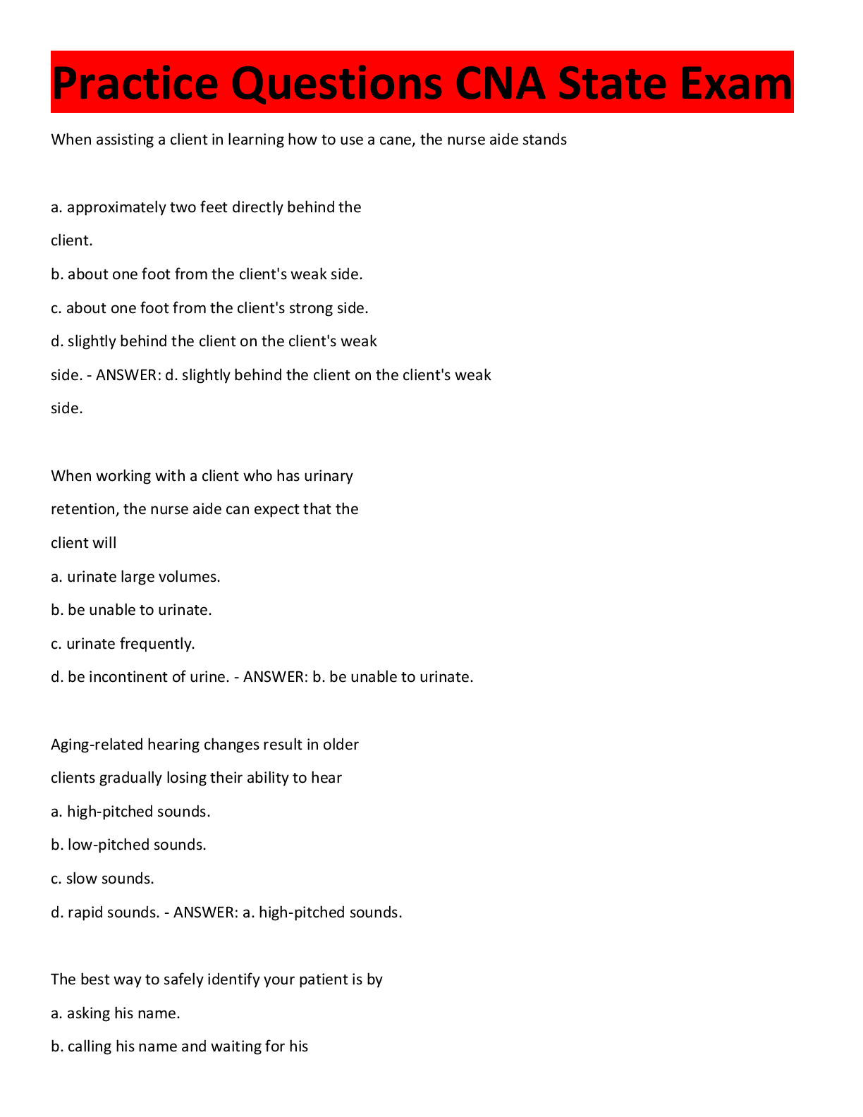 Preview image for Practice Questions CNA