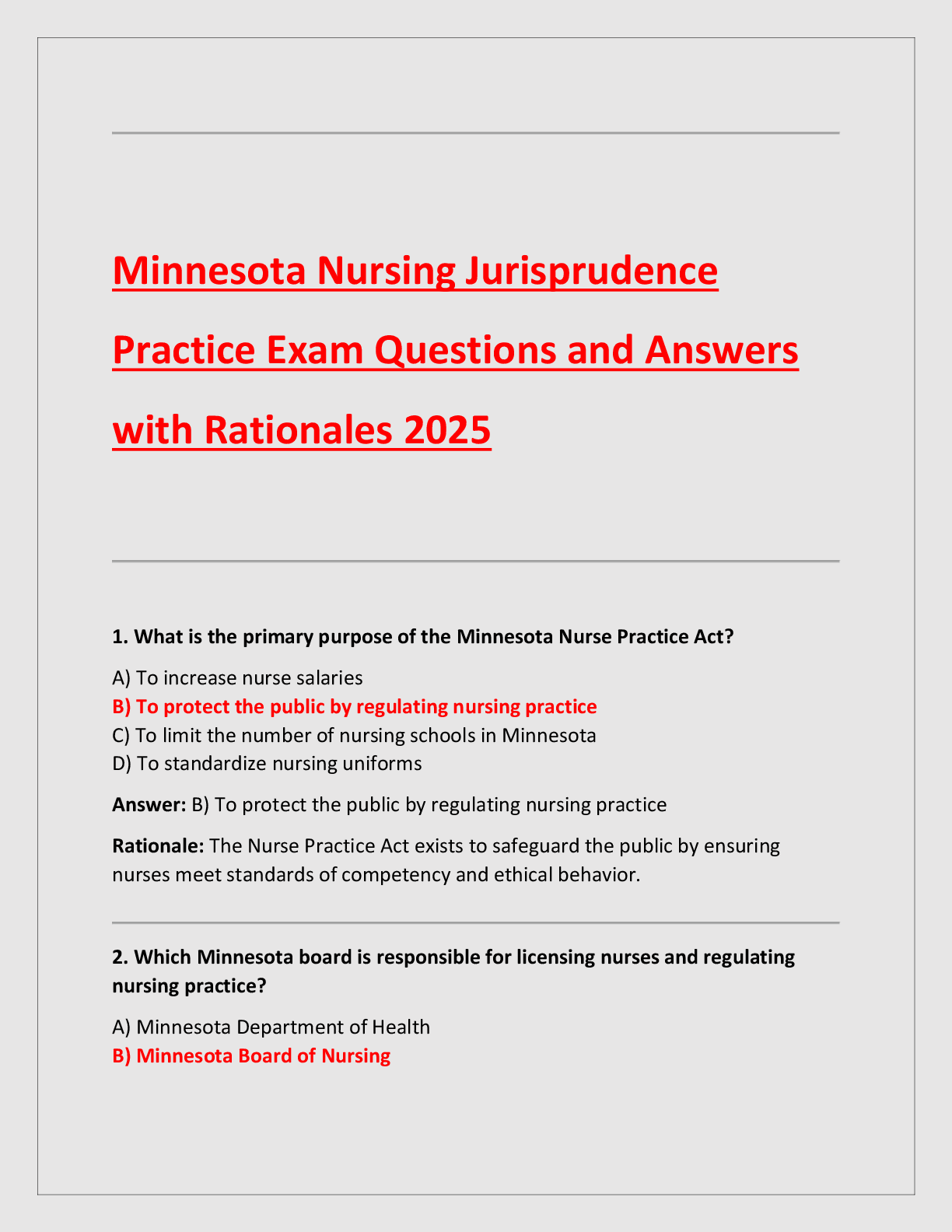 Preview of Minnesota Nursing Jurisprudence  Practice Exam Questions and Answers with Rationales 2025