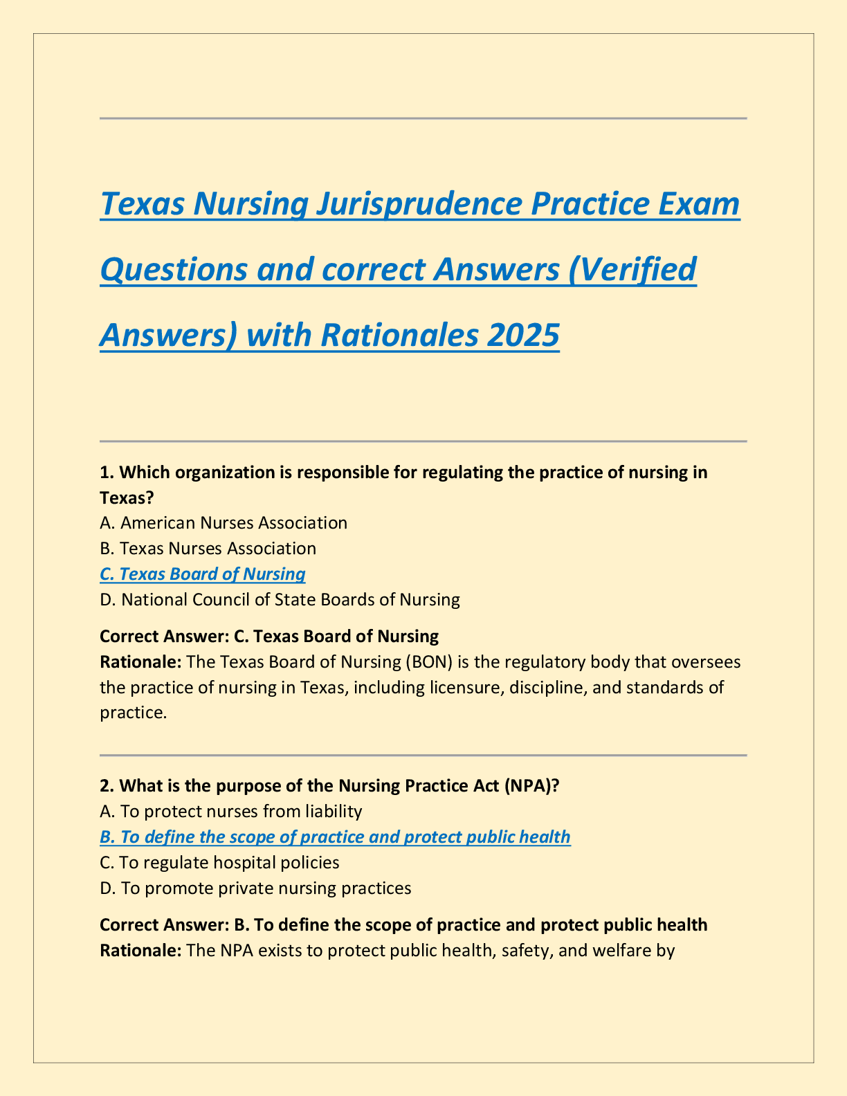 Preview of Texas Nursing Jurisprudence Practice Exam 2  Questions and correct Answers (Verified  Answ