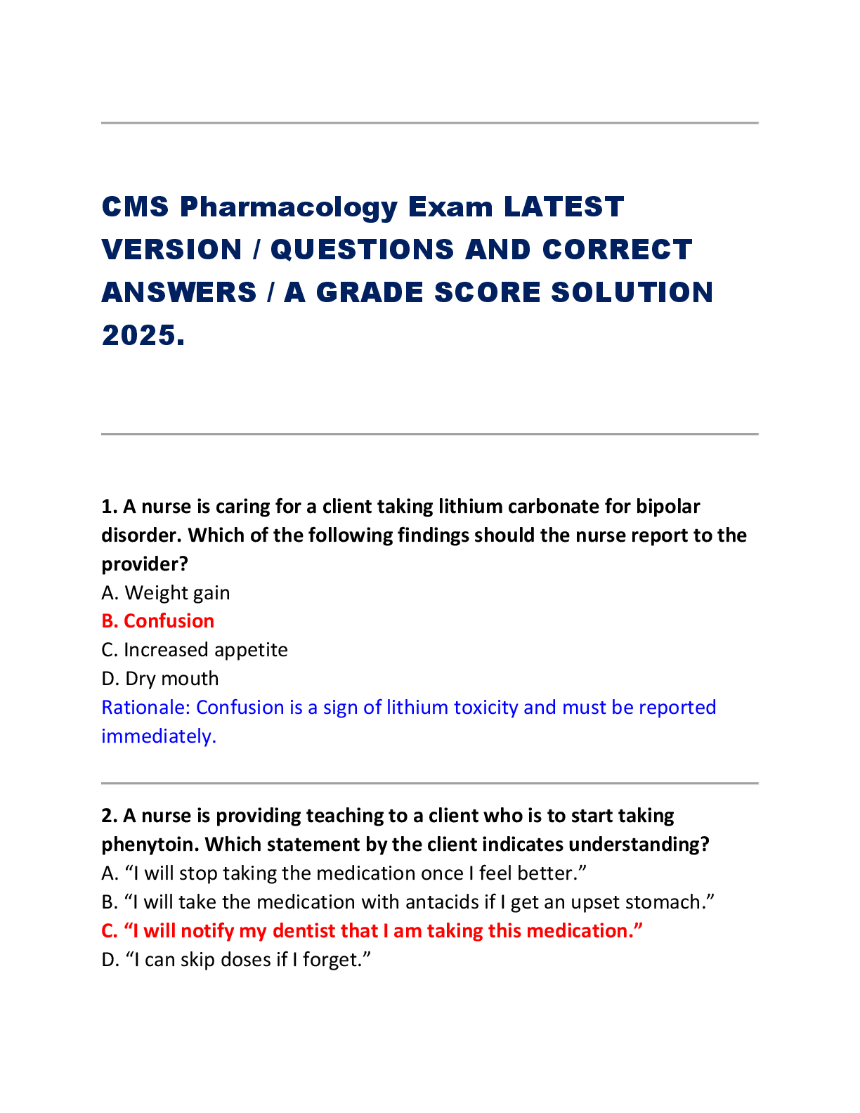 CMS Pharmacology Exam LATEST  VERSION / QUESTIONS AND CORRECT  ANSWERS / A GRADE SCORE SOLUTION 2025