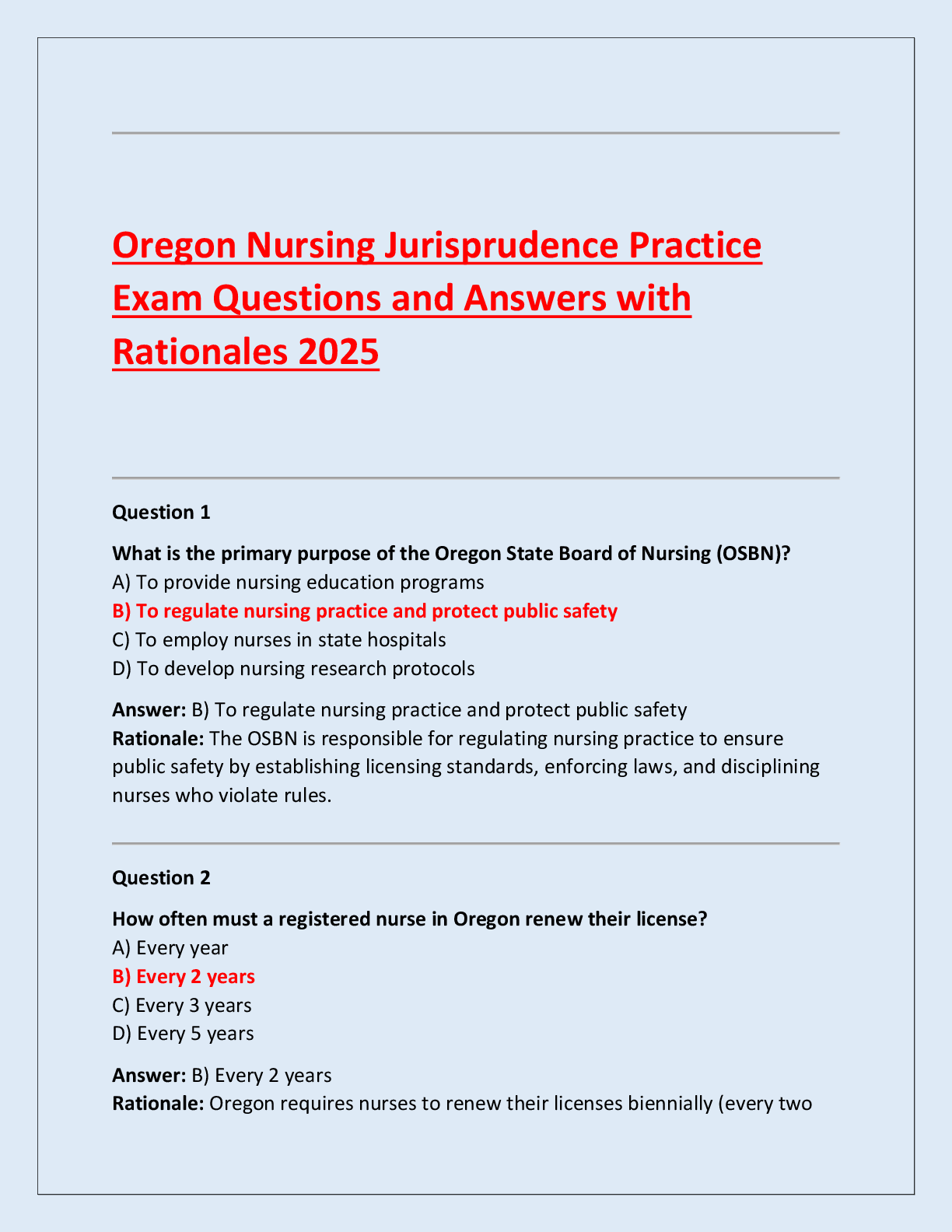 Preview of Oregon Nursing Jurisprudence Practice  Exam Questions and Answers with  Rationales 2025