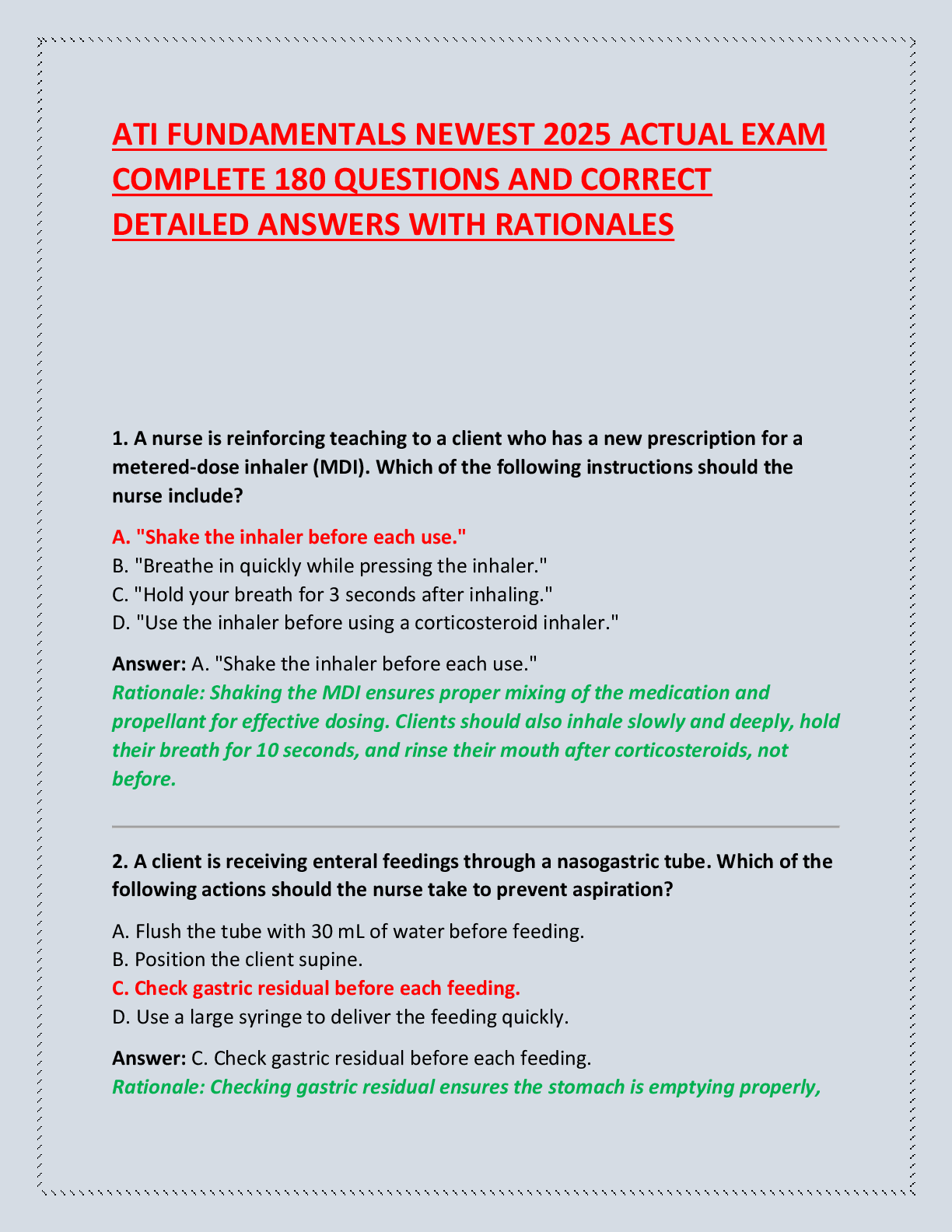 ATI FUNDAMENTALS NEWEST 2025 ACTUAL EXAM  COMPLETE 180 QUESTIONS AND CORRECT DETAILED ANSWERS WITH RATIONALES