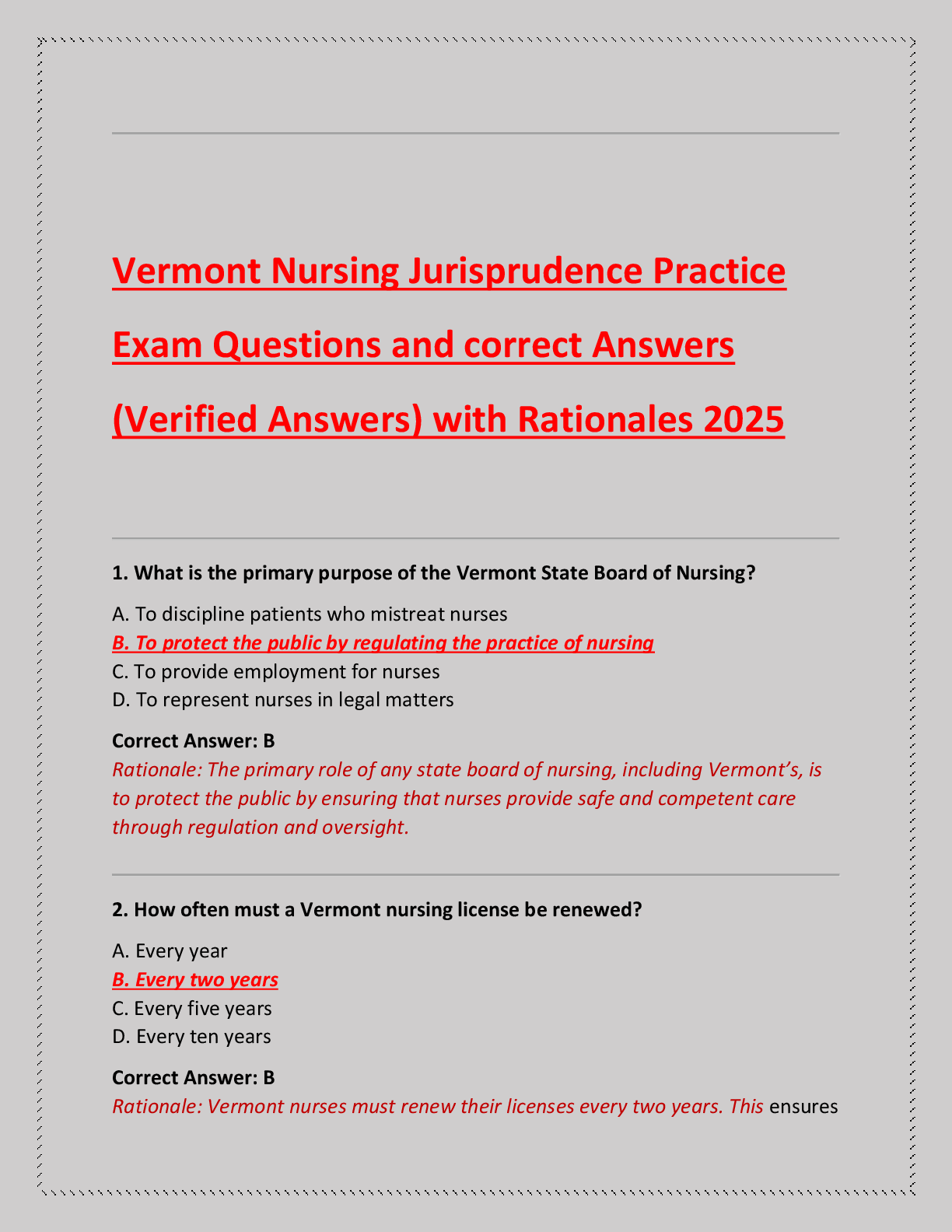 Preview of Vermont Nursing Jurisprudence Practice  Exam Questions and correct Answers  (Verified Answers) with Rationales 2025