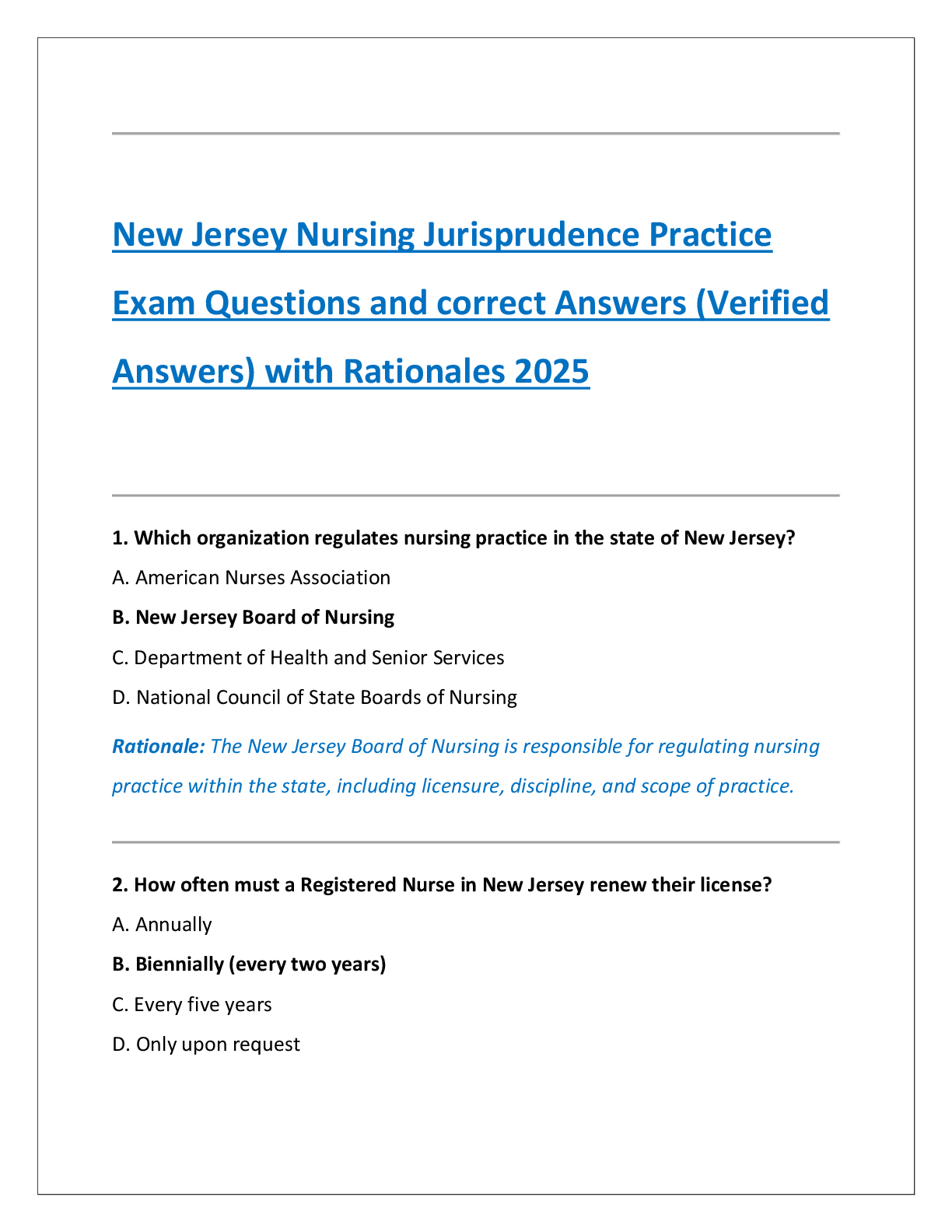Preview of New Jersey Nursing Jurisprudence Practice  Exam Questions and correct Answers (Verified  Answers) with Rationales 2025