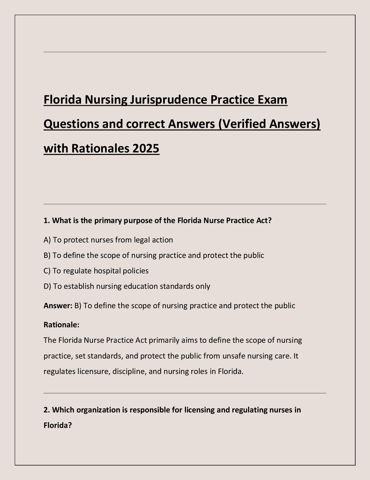 Preview of Florida Nursing Jurisprudence Practice Exam Questions and correct Answers (Verified Answers)  with Rationales 2025