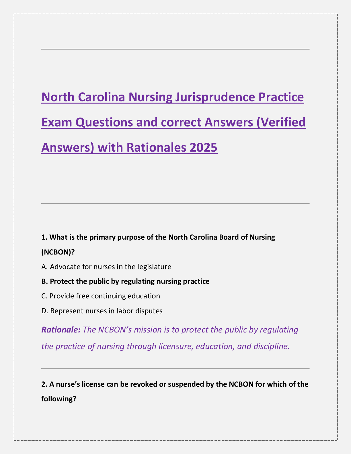 Preview of North Carolina Nursing Jurisprudence Practice  Exam Questions and correct Answers (Verified  Answers) with Rationales 2025