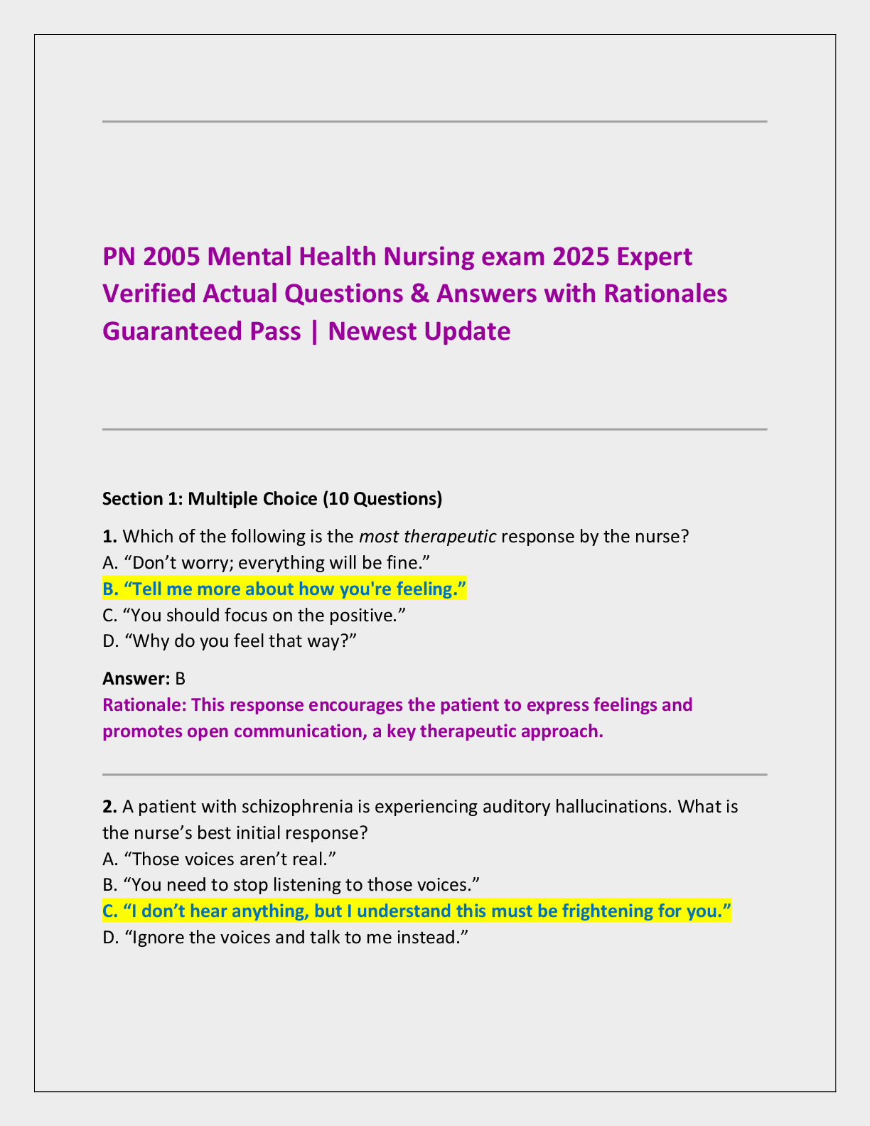 PN 2005 Mental Health Nursing exam 2025 Expert  Verified Actual Questions & Answers with Rationales  Guaranteed Pass | Newest Update