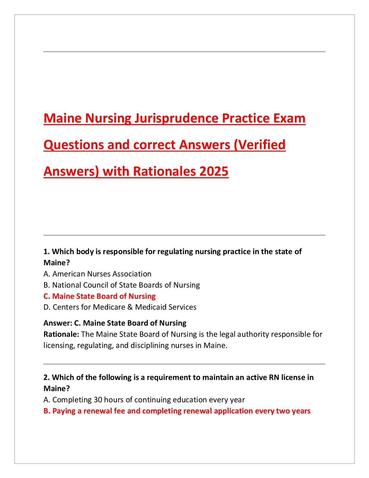 Preview of Maine Nursing Jurisprudence Practice Exam  Questions and correct Answers (Verified  Answers) with Rationales 2025