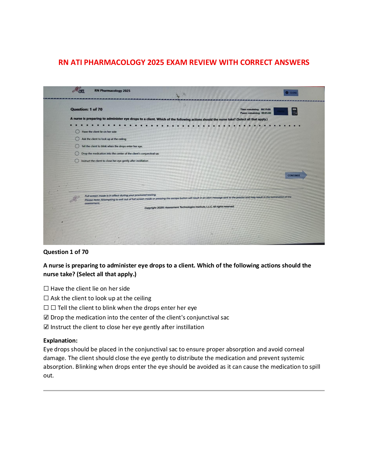 Preview image for RN ATI Pharmacology for Nursing 2025 Proctored Exam with NGN (70 Screenshot Questions)