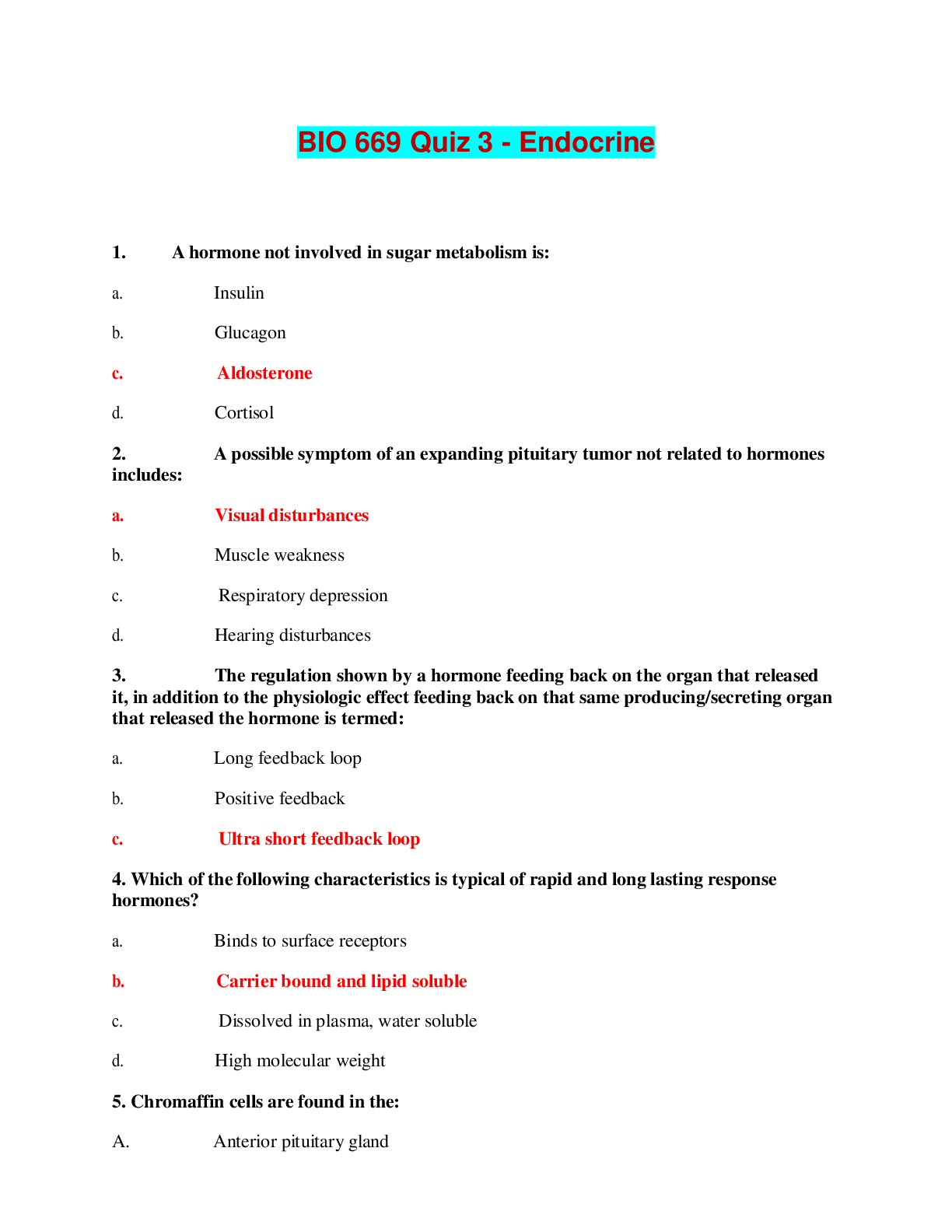 BIO 669 Quiz 3 - Endocrine | Questions and Answers | Northern Kentucky University