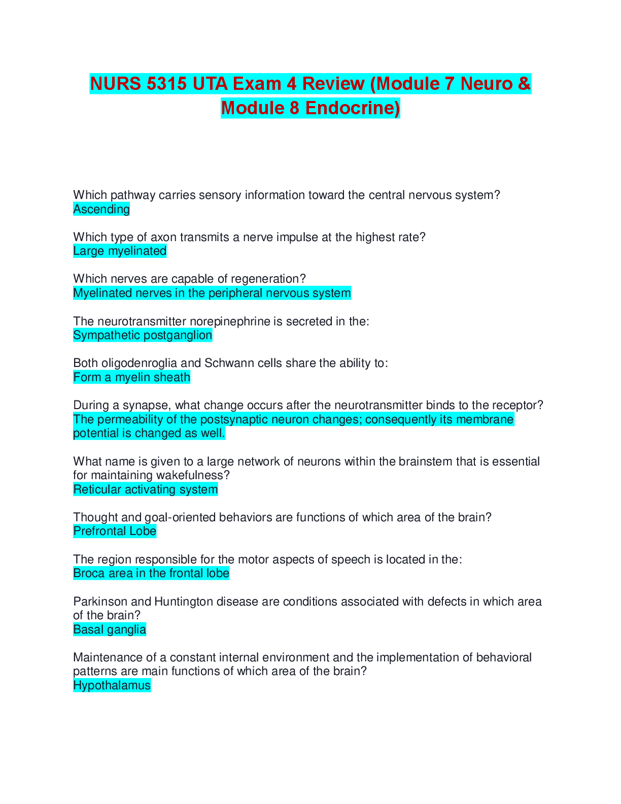 NURS 5315 UTA Exam 4 Review (Module 7 Neuro & Module 8 Endocrine) | Complete Solutions