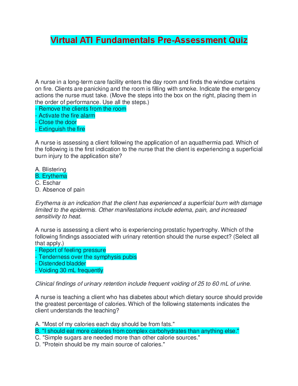 Preview image for Virtual ATI Fundamentals Pre-Assessment Quiz | Answered with Rationales