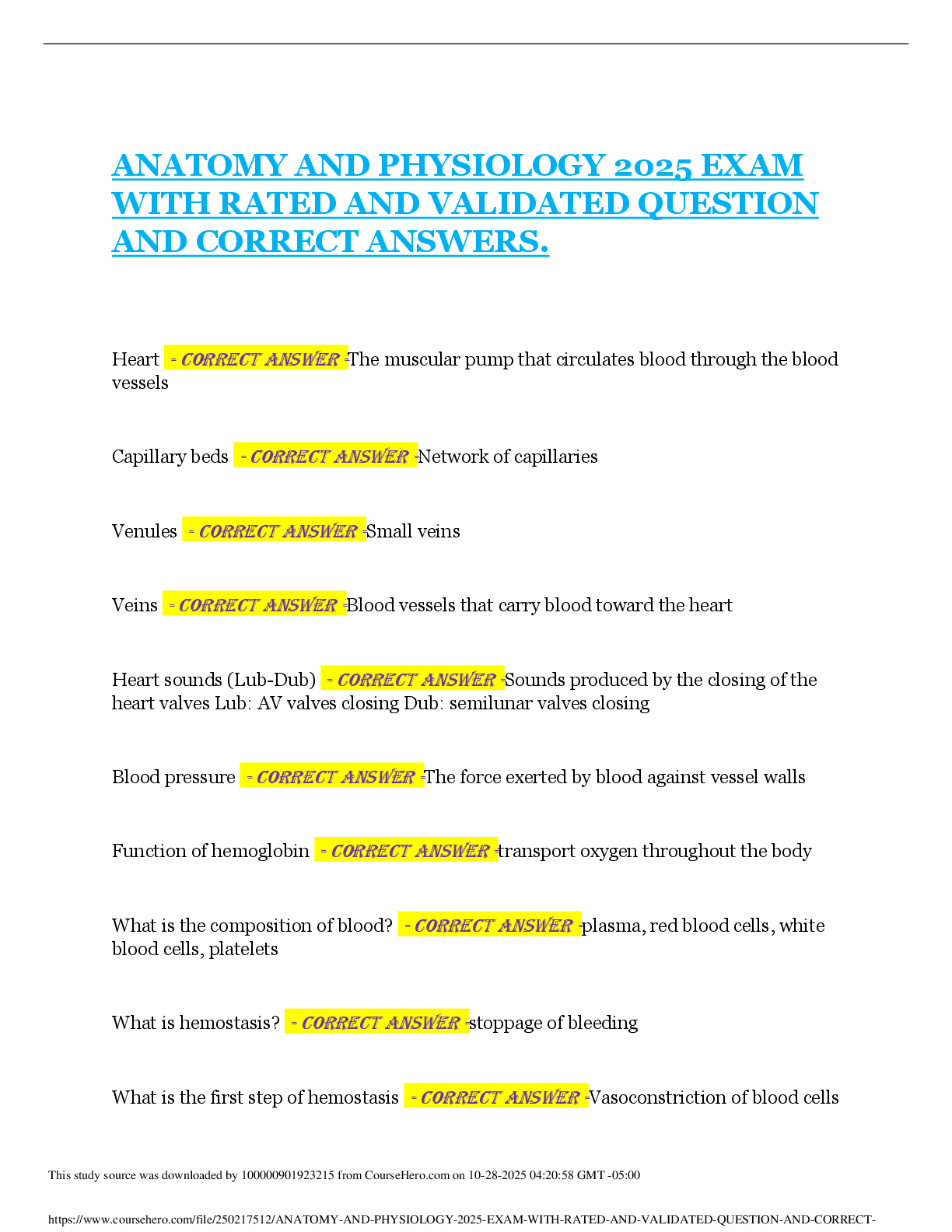 Preview image for ANATOMY AND PHYSIOLOGY 2025 EXAM  WITH RATED AND VALIDATED QUESTION  AND CORRECT ANSWERS.