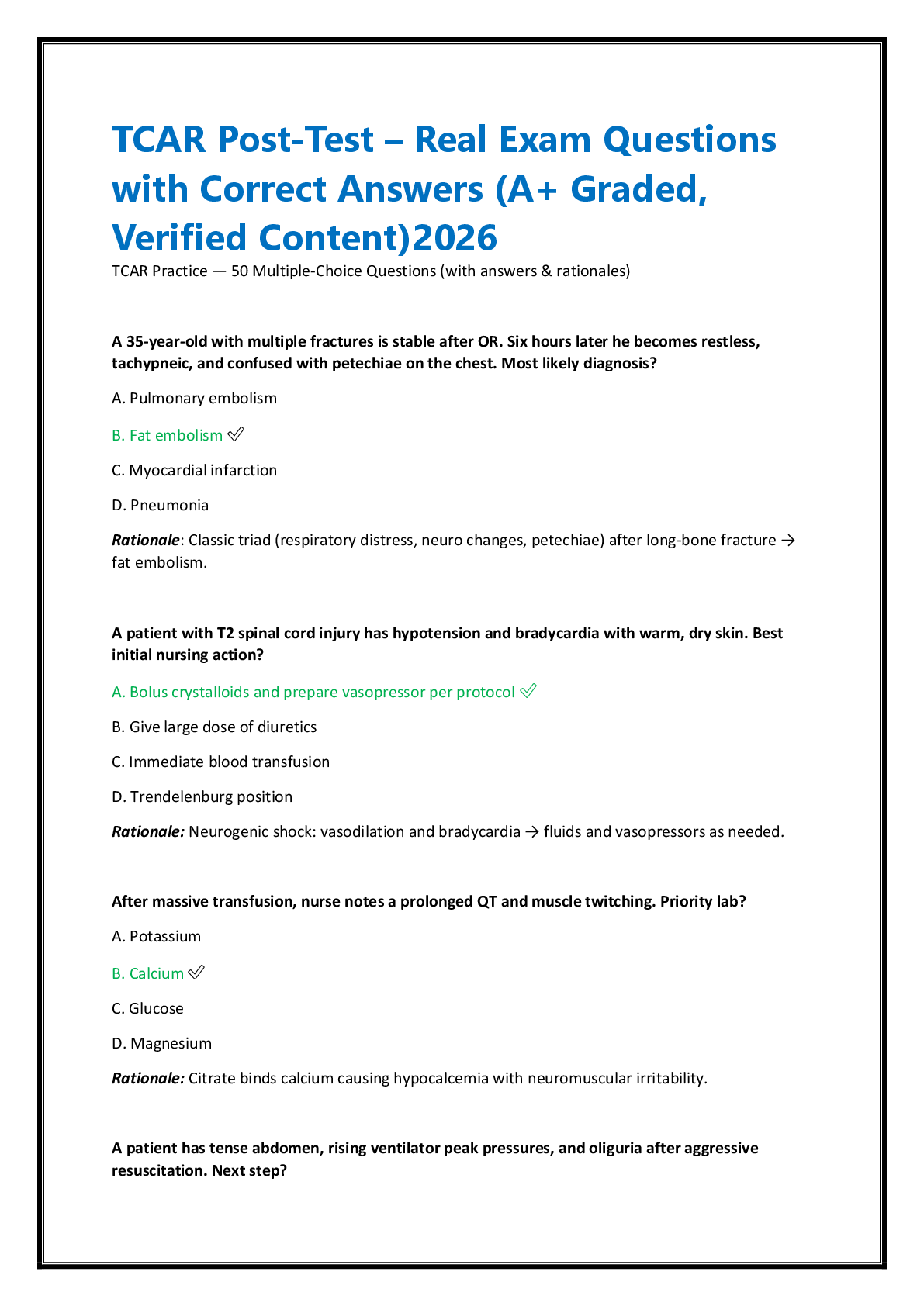 TCAR Post-Test – Real Exam Questions with Correct Answers (A+ Graded, Verified Content)2026