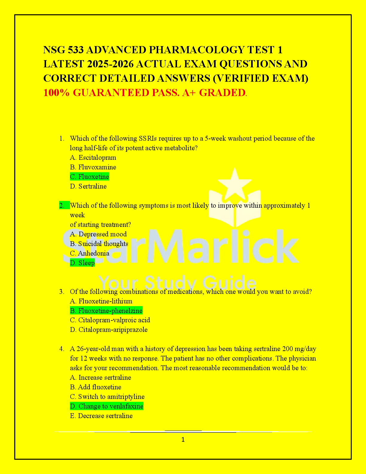 Preview image for NSG533ADVANCEDPHARMACOLOGYTEST1  LATEST2025-2026ACTUALEXAMQUESTIONSAND  CORRECTDETAILEDANSWERS(VERIFIEDEXAM)  100%GUARANTEEDPASS.A+GRADED
