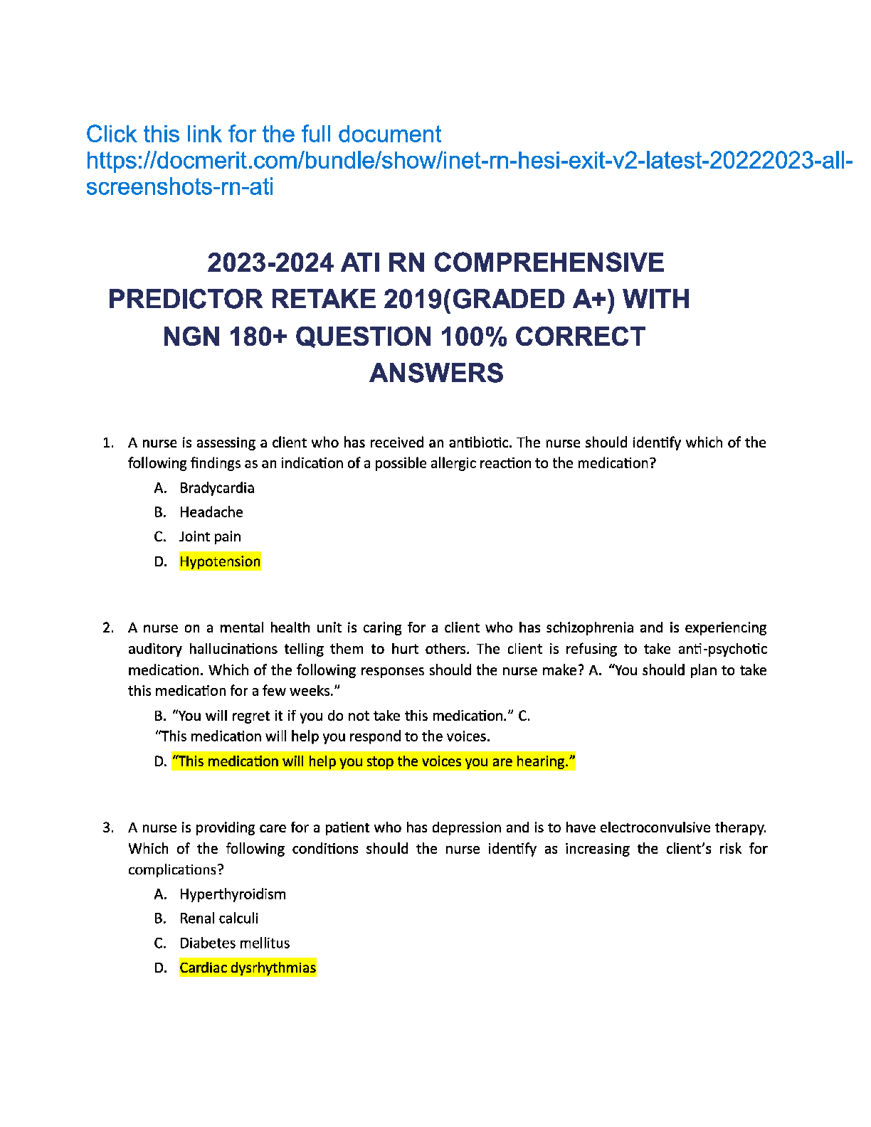 Preview image for 2023-2024 ATI RN COMPREHENSIVE  PREDICTOR RETAKE 2019(GRADED A+) WITH  NGN 180+ QUESTION 100% CORRECT  ANSWERS