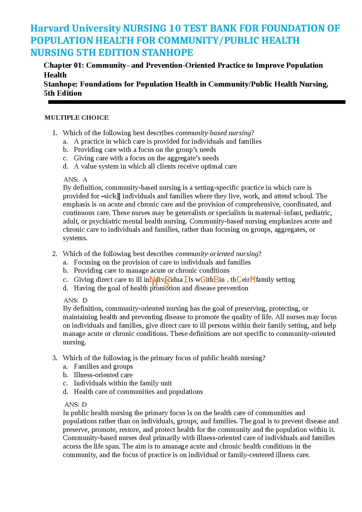 Preview image for Harvard University NURSING 10 TEST BANK FOR FOUNDATION OF  POPULATION HEALTH FOR COMMUNITY/PUBLIC HEALTH  NURSING 5TH EDITION STANHOPE