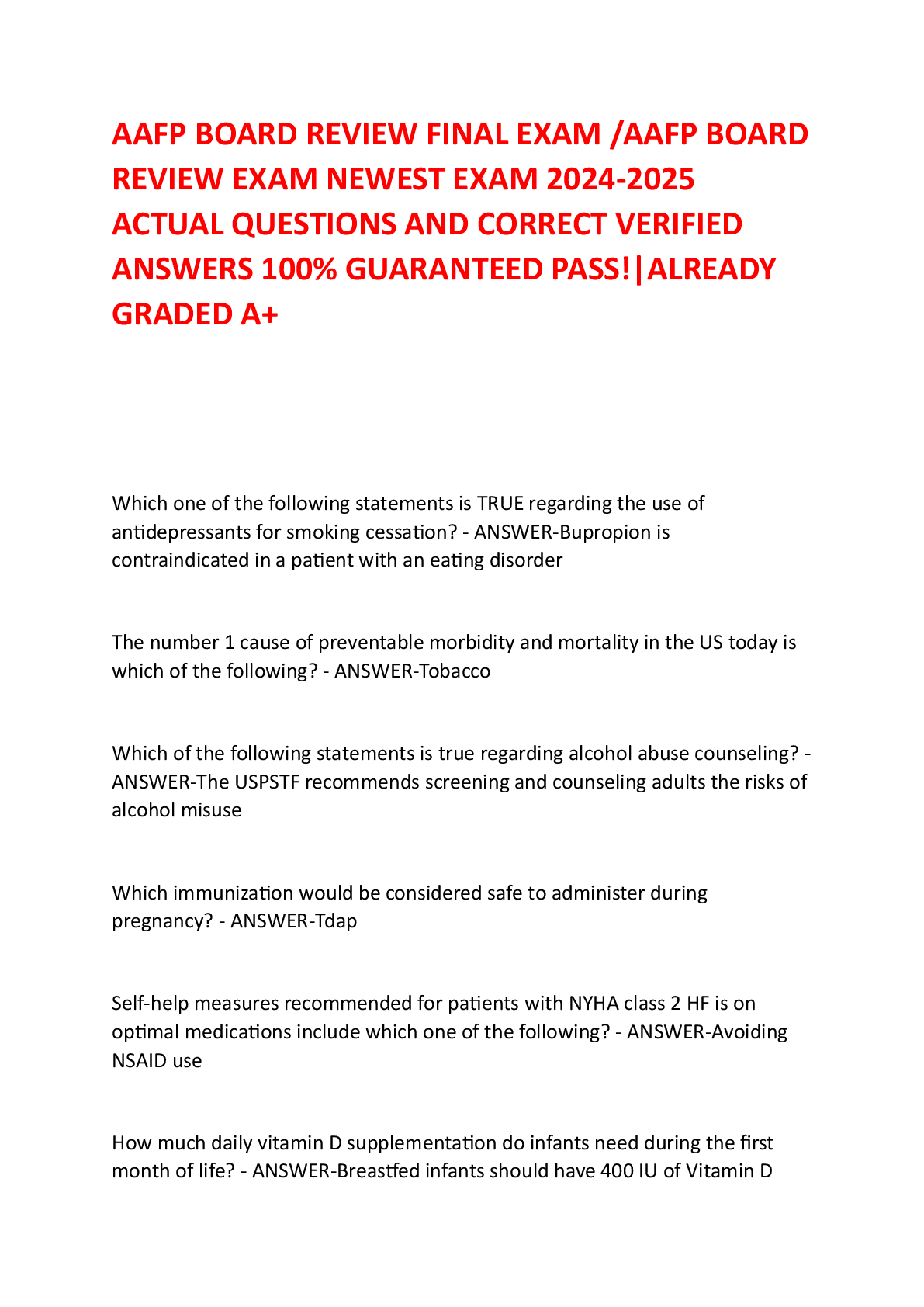 Preview image for AAFP BOARD REVIEW FINAL EXAM /AAFP BOARD  REVIEW EXAM NEWEST EXAM 2024-2025  ACTUAL QUESTIONS AND CORRECT VERIFIED  ANSWERS 100% GUARANTEED PASS!|ALREADY  GRADED A+