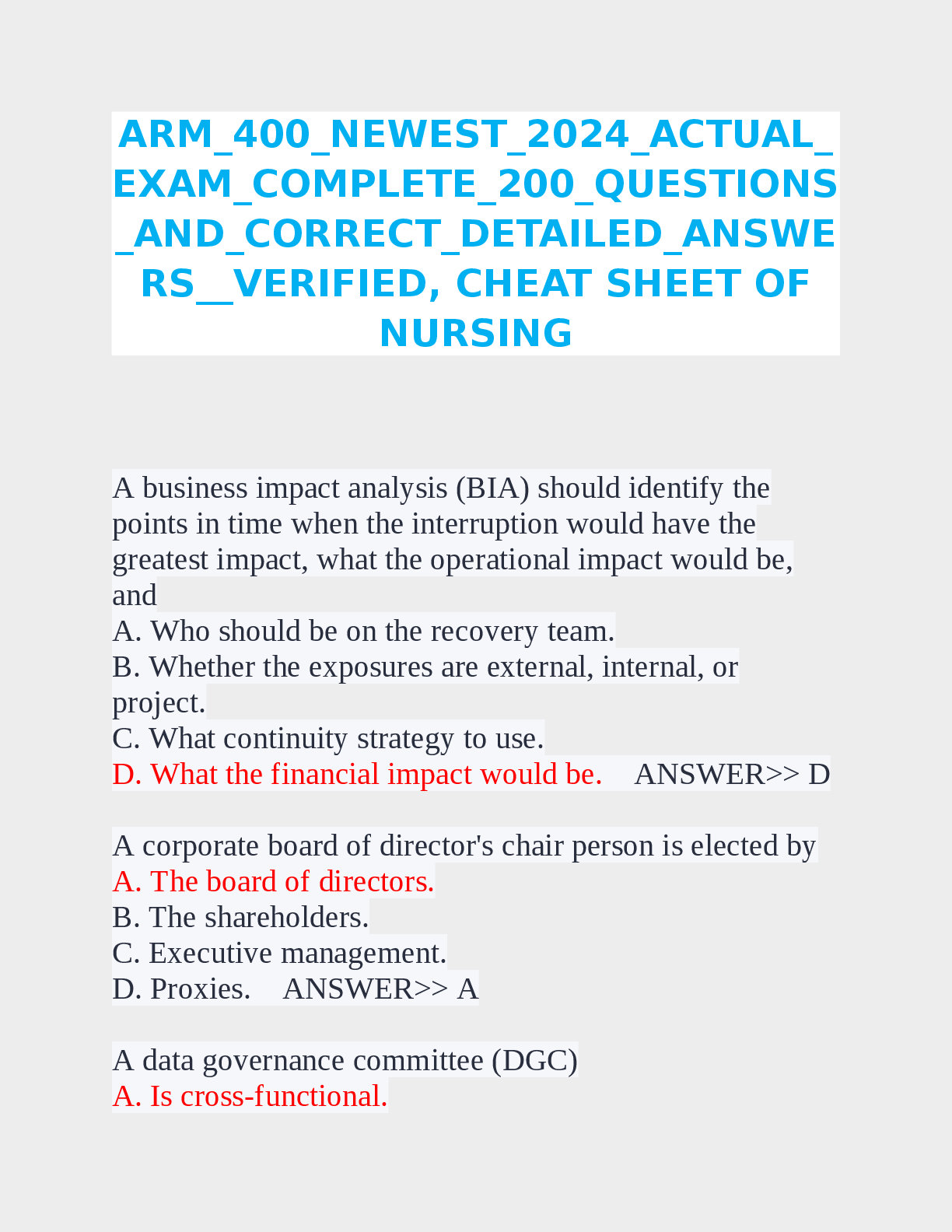 Preview image for ARM_400_NEWEST_2024_ACTUAL_  EXAM_COMPLETE_200_QUESTIONS  _AND_CORRECT_DETAILED_ANSWE  RS__VERIFIED, CHEAT SHEET OF  NURSING