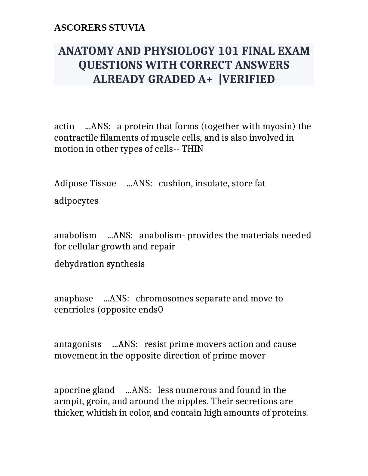Preview image for ANATOMY AND PHYSIOLOGY 101 FINAL EXAM  QUESTIONS WITH CORRECT ANSWERS  ALREADY GRADED A+  |VERIFIED
