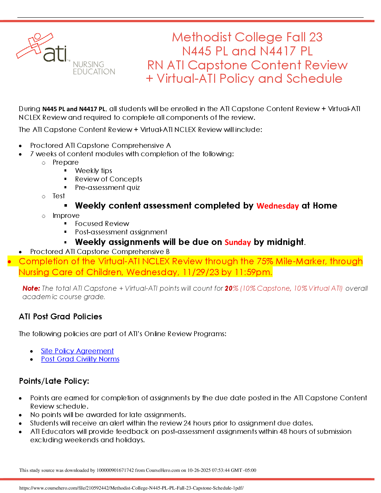 Preview image for Methodist College Fall 23           N445 PL and N4417 PL   RN ATI Capstone Content Review  + Virtual-ATI Policy and Schedule