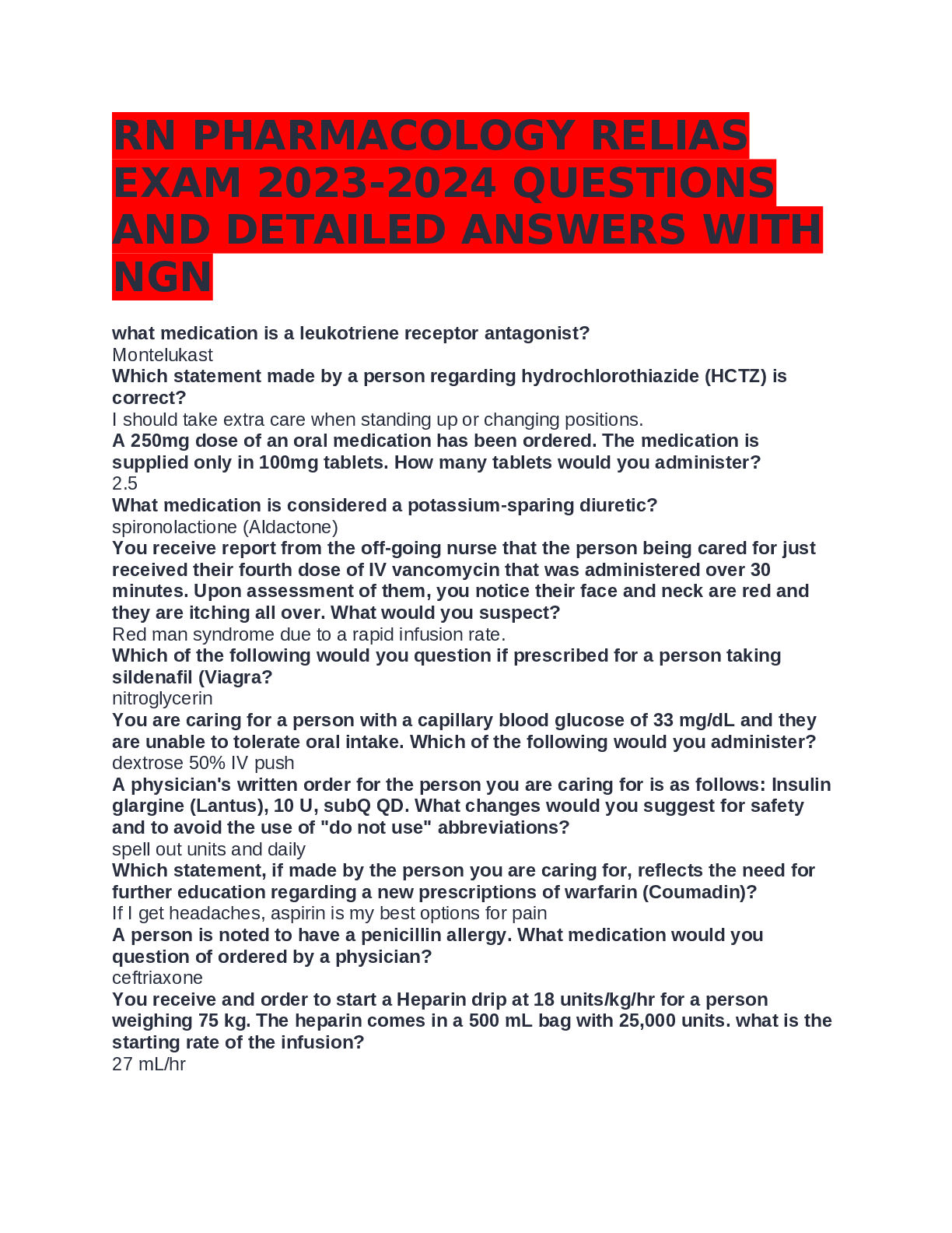 Preview image for RN PHARMACOLOGY RELIAS  EXAM 2023-2024 QUESTIONS  AND DETAILED ANSWERS WITH  NGN