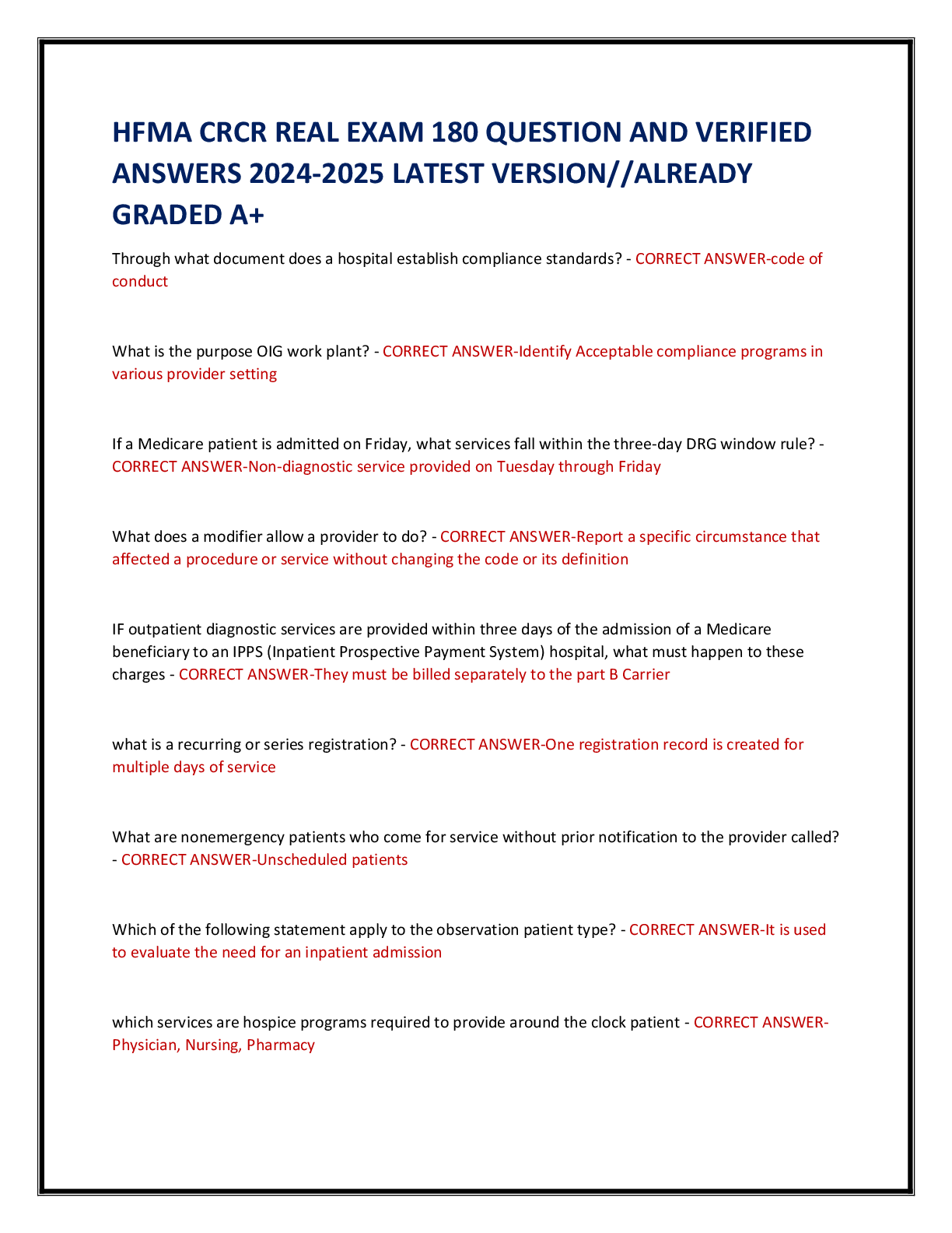 Preview image for HFMA CRCR REAL EXAM 180 QUESTION AND VERIFIED  ANSWERS 2024-2025 LATEST VERSION//ALREADY  GRADED A+