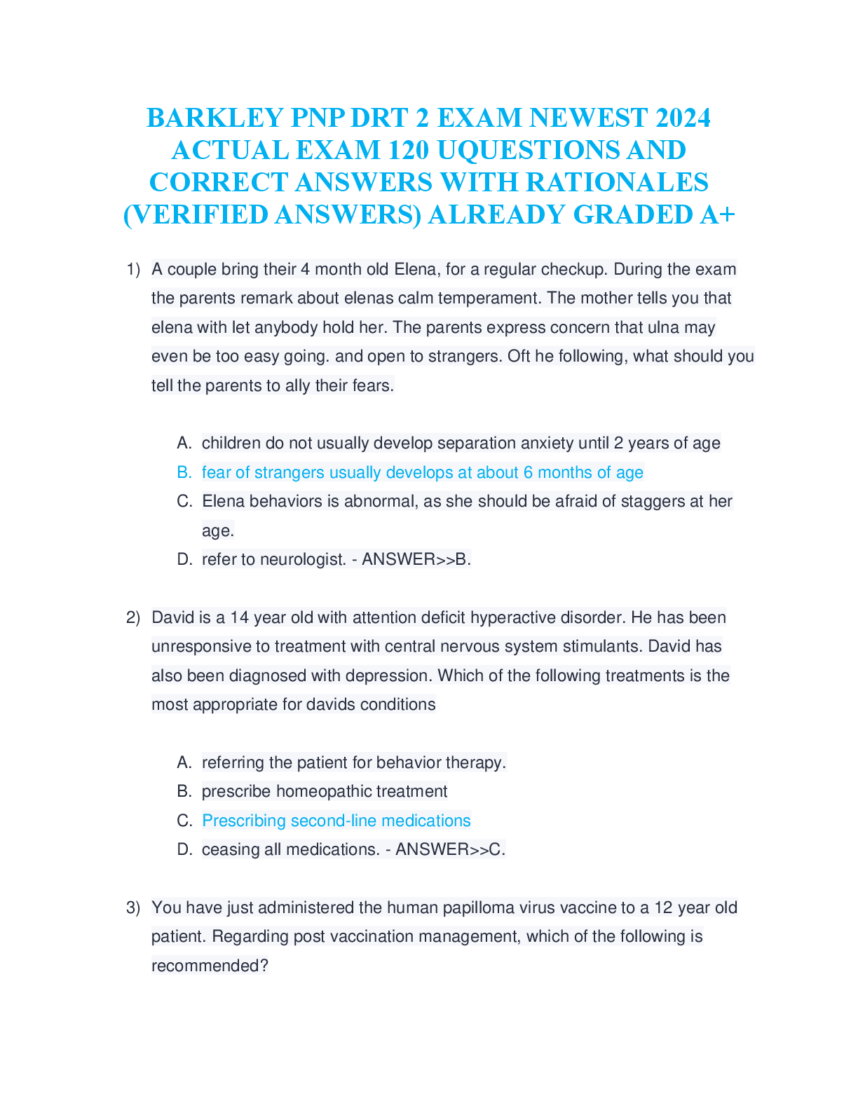 Preview image for BARKLEY PNP DRT 2 EXAM NEWEST 2024  ACTUAL EXAM 120 UQUESTIONS AND  CORRECT ANSWERS WITH RATIONALES  (VERIFIED ANSWERS) ALREADY GRADED A+