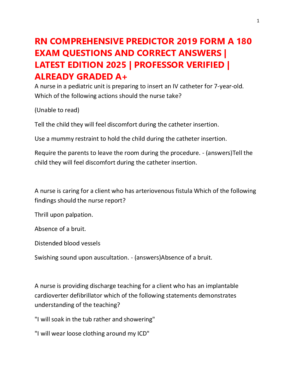 Preview image for RN COMPREHENSIVE PREDICTOR 2019 FORM A 180  EXAM QUESTIONS AND CORRECT ANSWERS |  LATEST EDITION 2025 | PROFESSOR VERIFIED |  ALREADY GRADED A+
