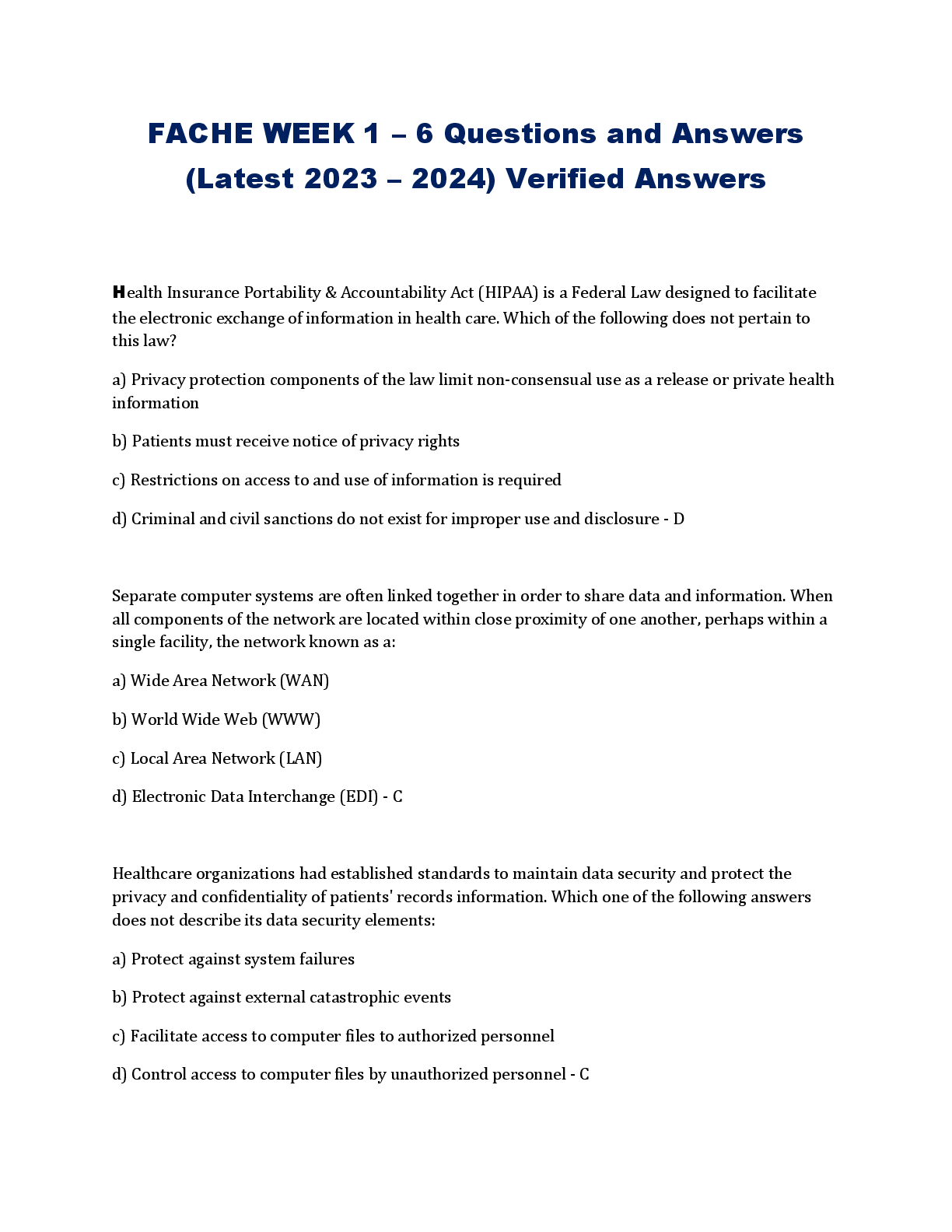 Preview image for FACHE WEEK 1 – 6 Questions and Answers  (Latest 2023 – 2024) Verified Answers