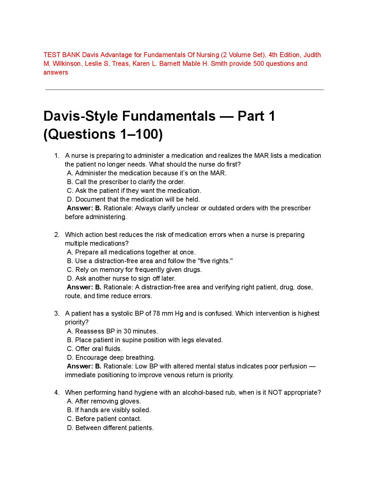 Preview image for TEST BANK Davis Advantage for Fundamentals Of Nursing (2 Volume Set), 4th Edition, Judith  M. Wilkinson, Leslie S. Treas, Karen L. Barnett Mable H. Smith provide 500 questions and  answers
