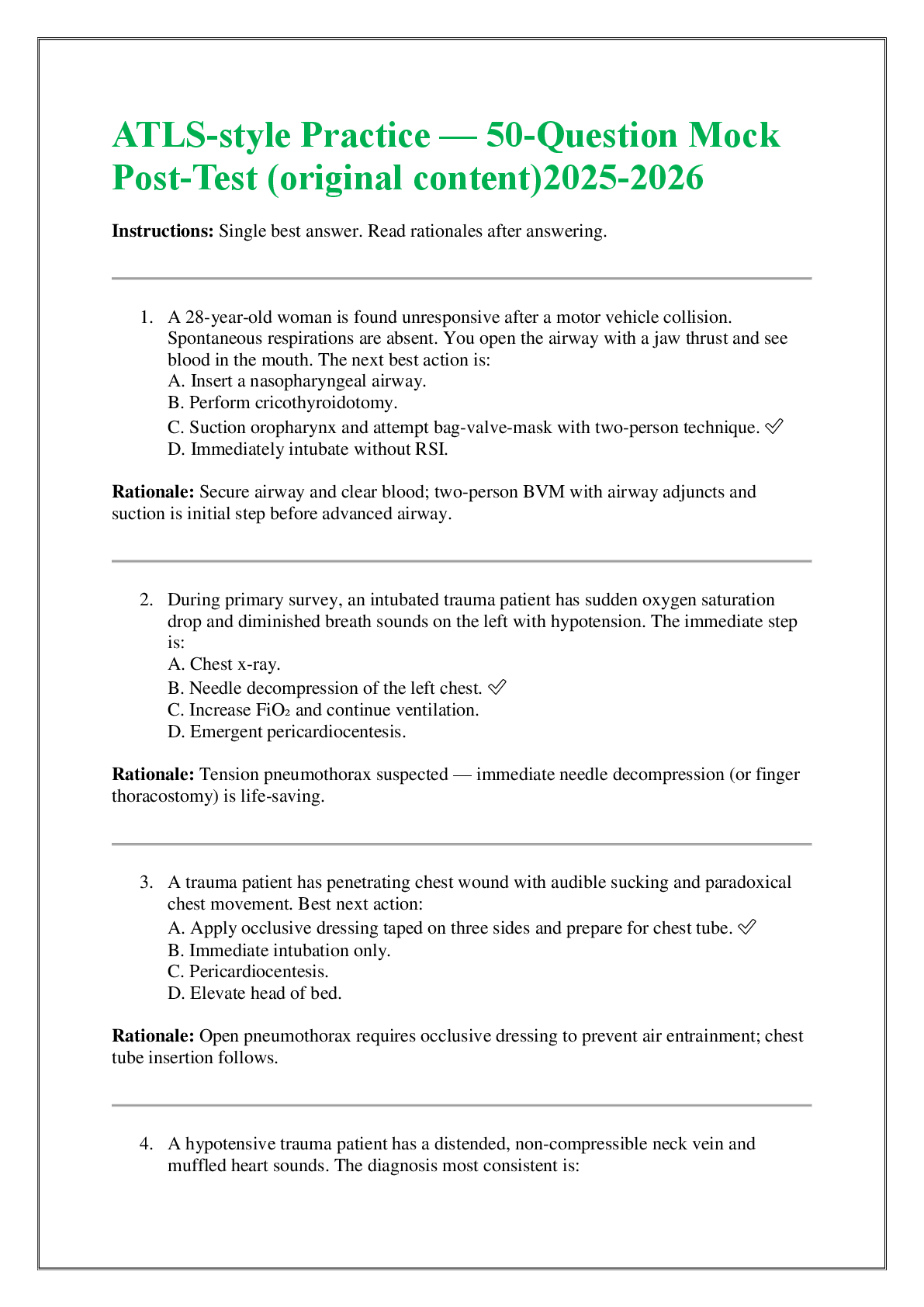 ATLS-style Practice — 50-Question Mock Post-Test (original content)2025-2026