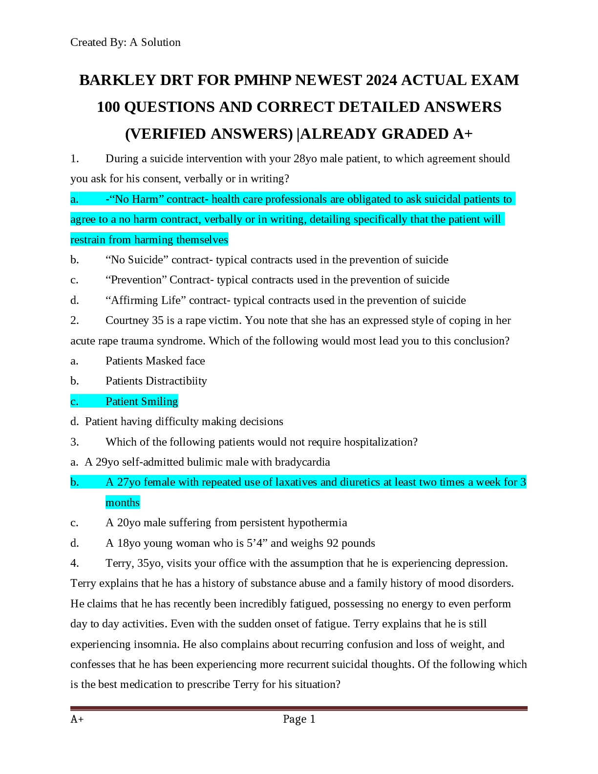 Preview image for BARKLEY DRT FOR PMHNP NEWEST 2024 ACTUAL EXAM  100 QUESTIONS AND CORRECT DETAILED ANSWERS  (VERIFIED ANSWERS) |ALREADY GRADED A+